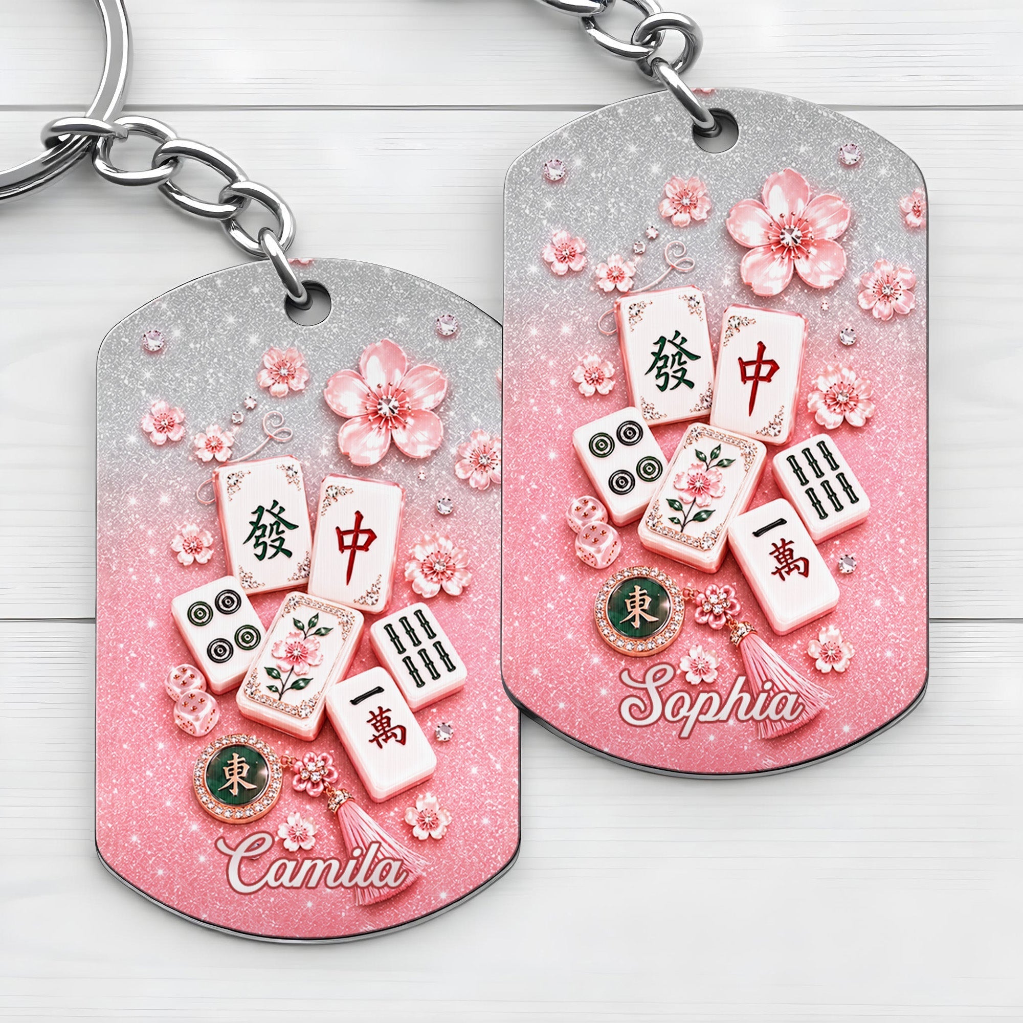 Personalized Cherry Blossom Mahjong Keychain Custom Engraving Gift