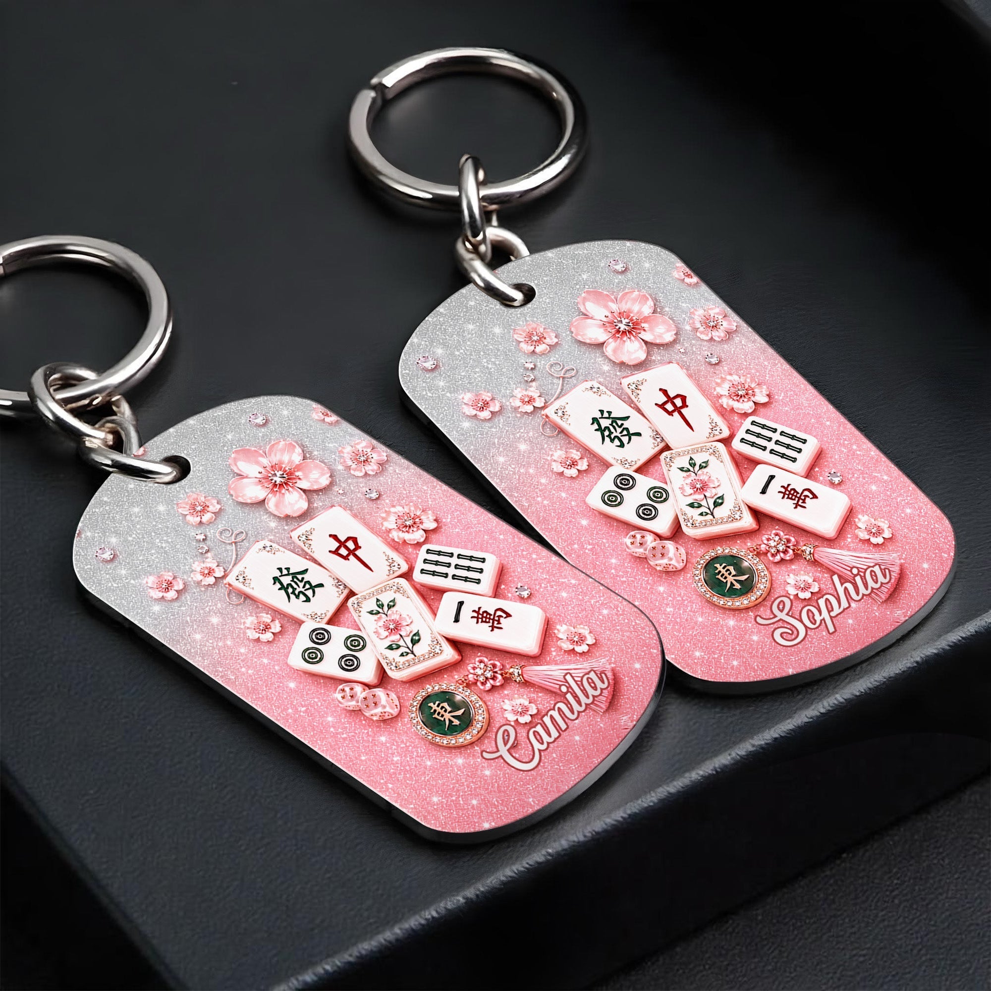 Personalized Cherry Blossom Mahjong Keychain Custom Engraving Gift