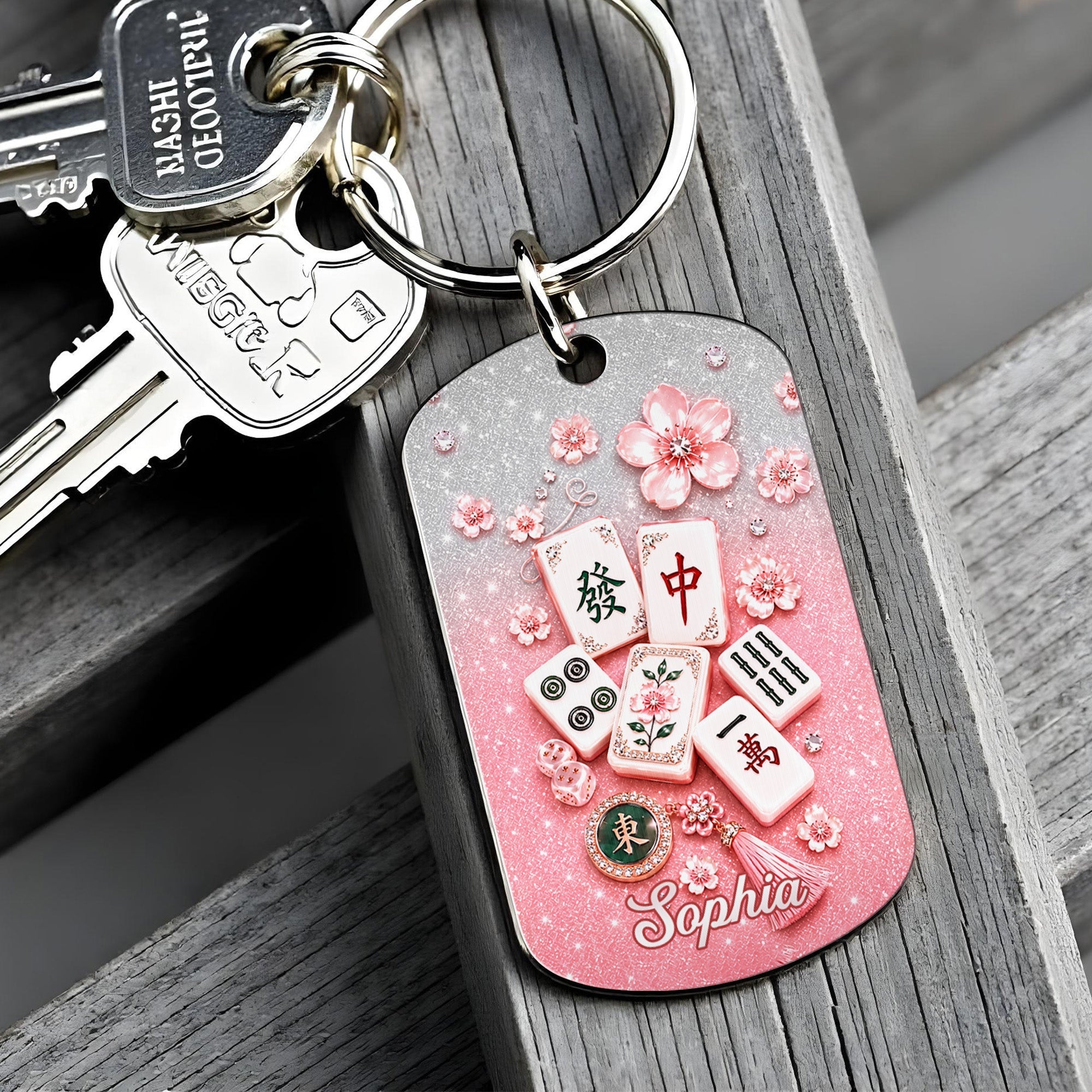 Personalized Cherry Blossom Mahjong Keychain Custom Engraving Gift