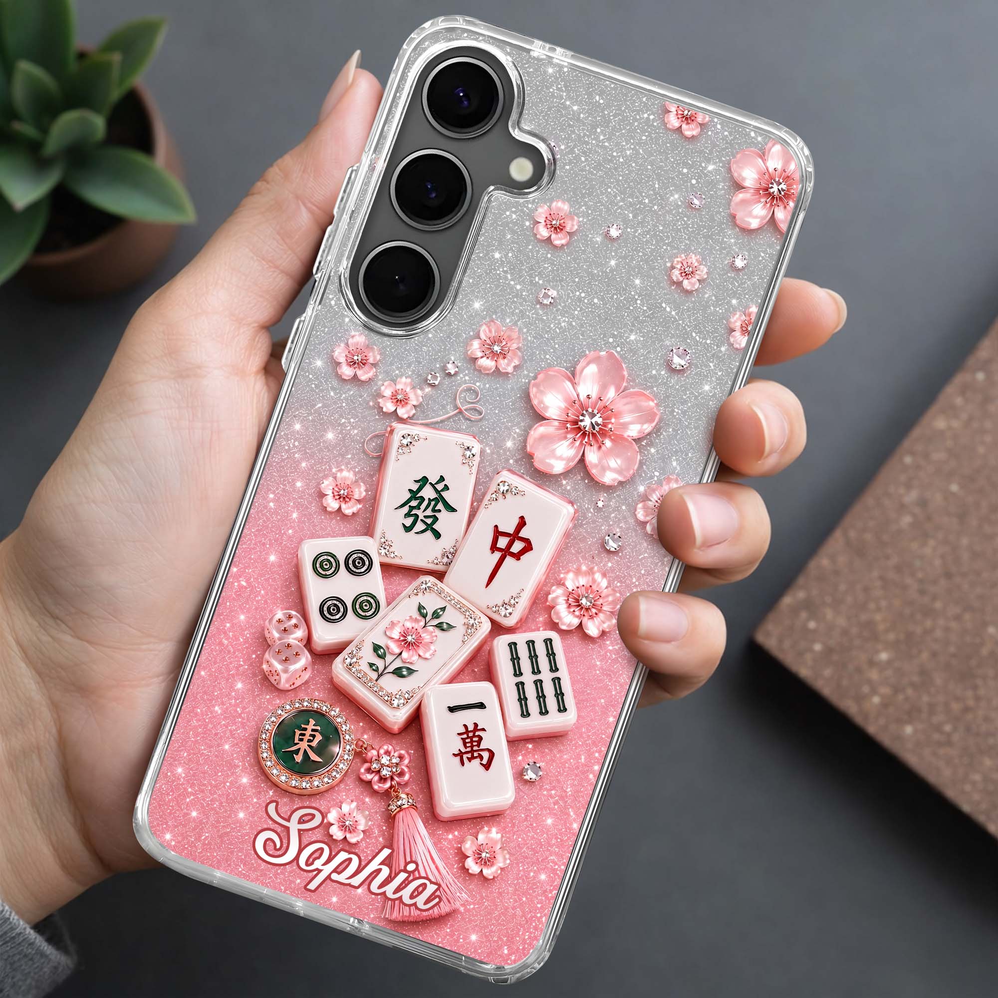 Personalized Clear Phone Case Cherry Blossoms Design Custom Name Gift for Her
