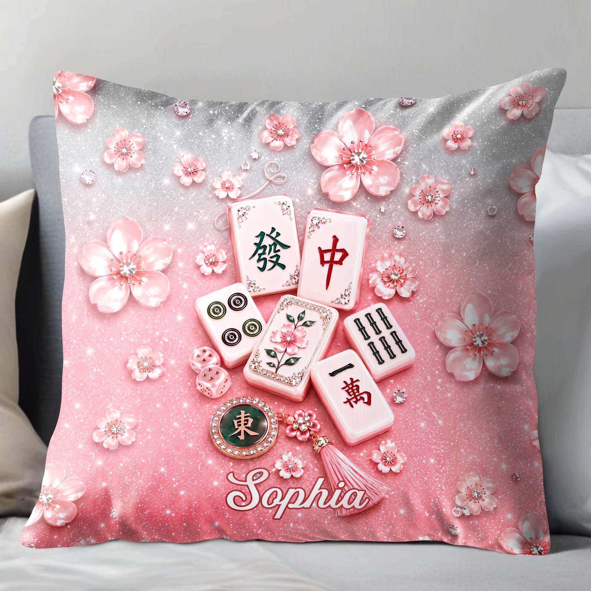 Personalized Cherry Blossom Mahjong Tile Pillow Custom Gift