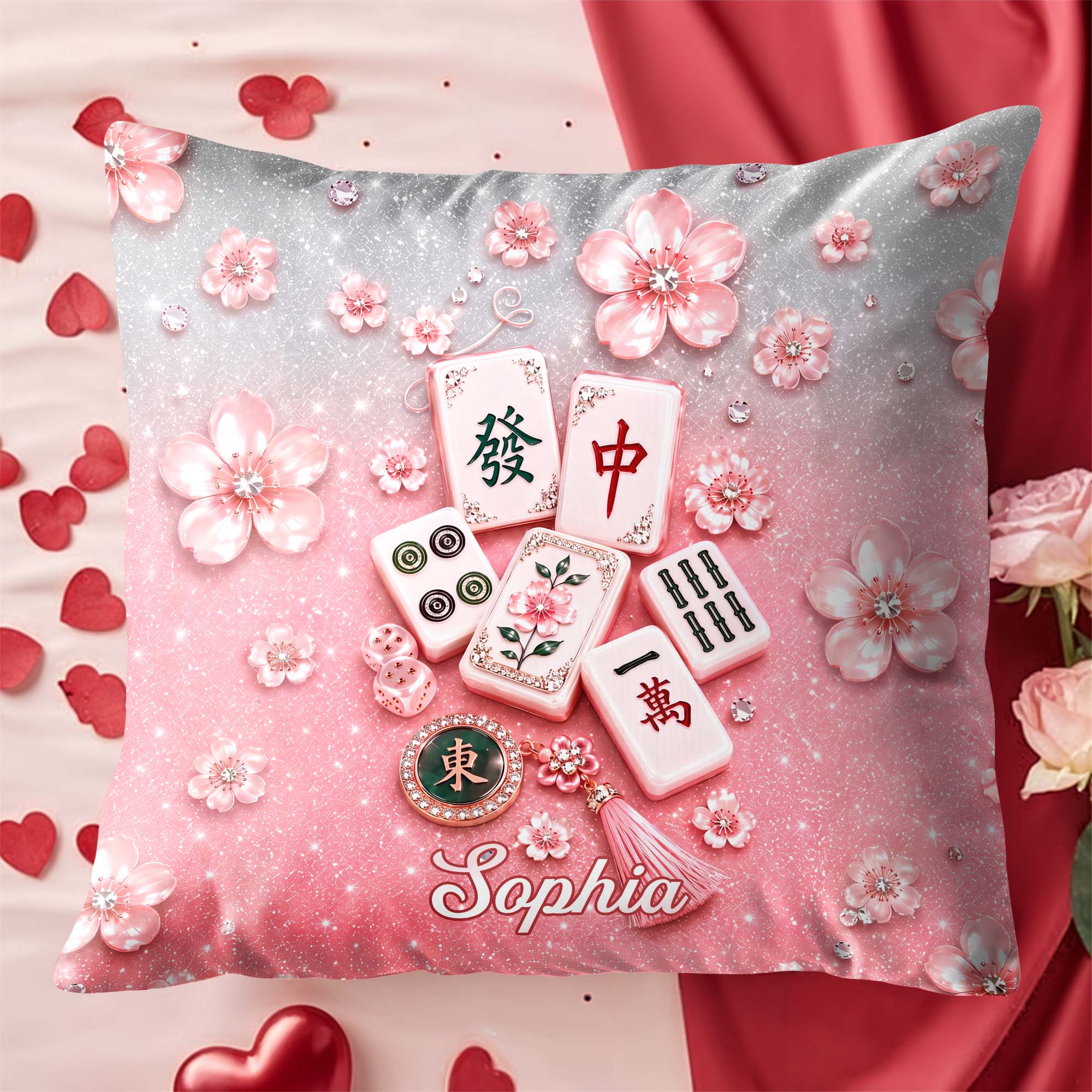 Personalized Cherry Blossom Mahjong Tile Pillow Custom Gift