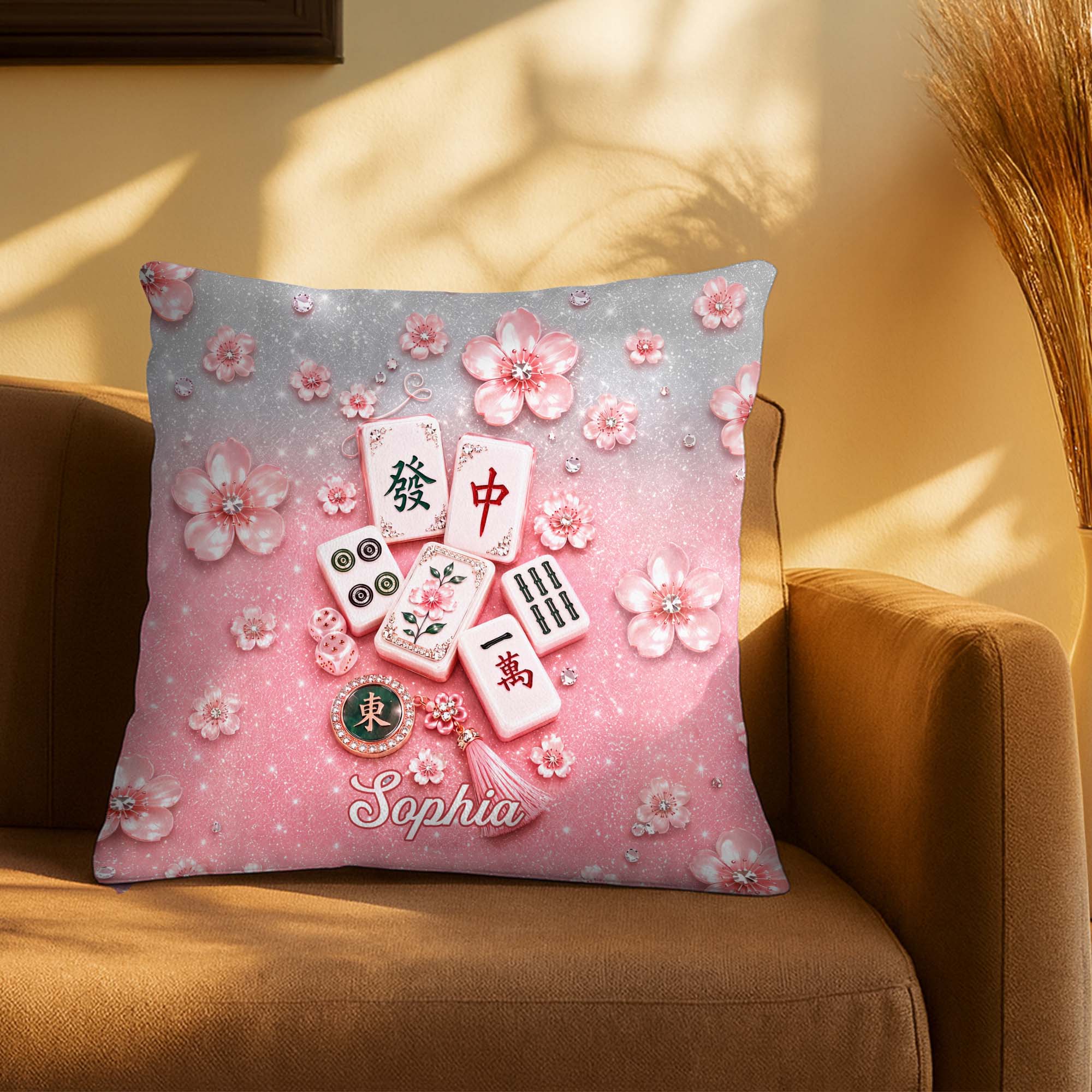 Personalized Cherry Blossom Mahjong Tile Pillow Custom Gift