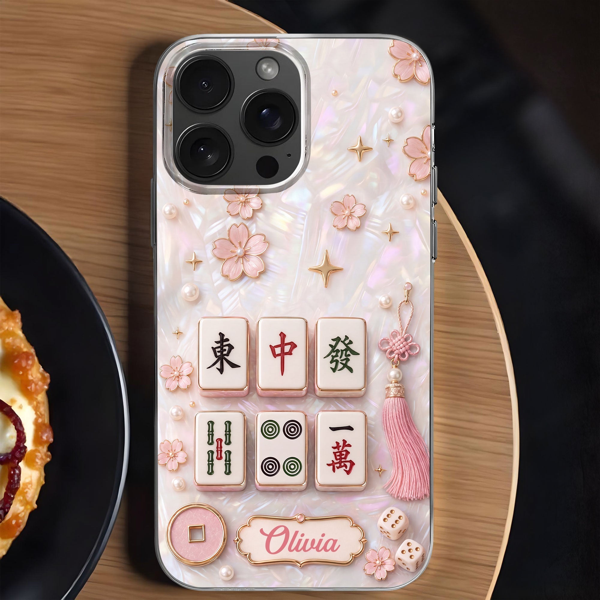 Personalized Clear Phone Case with Cherry Blossoms for Mahjong Lovers