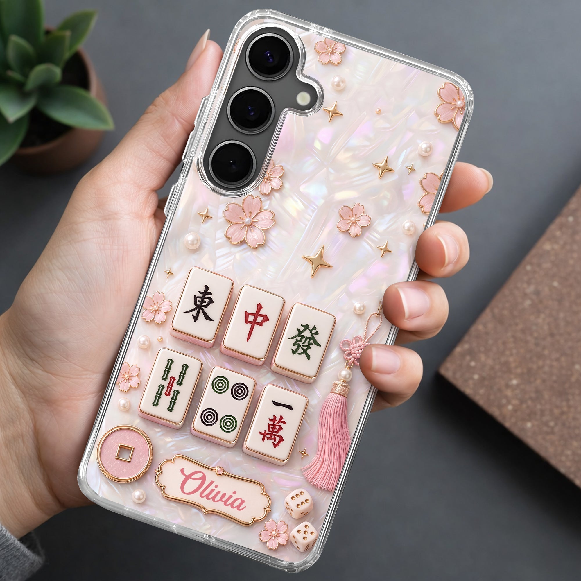 Personalized Clear Phone Case with Cherry Blossoms for Mahjong Lovers