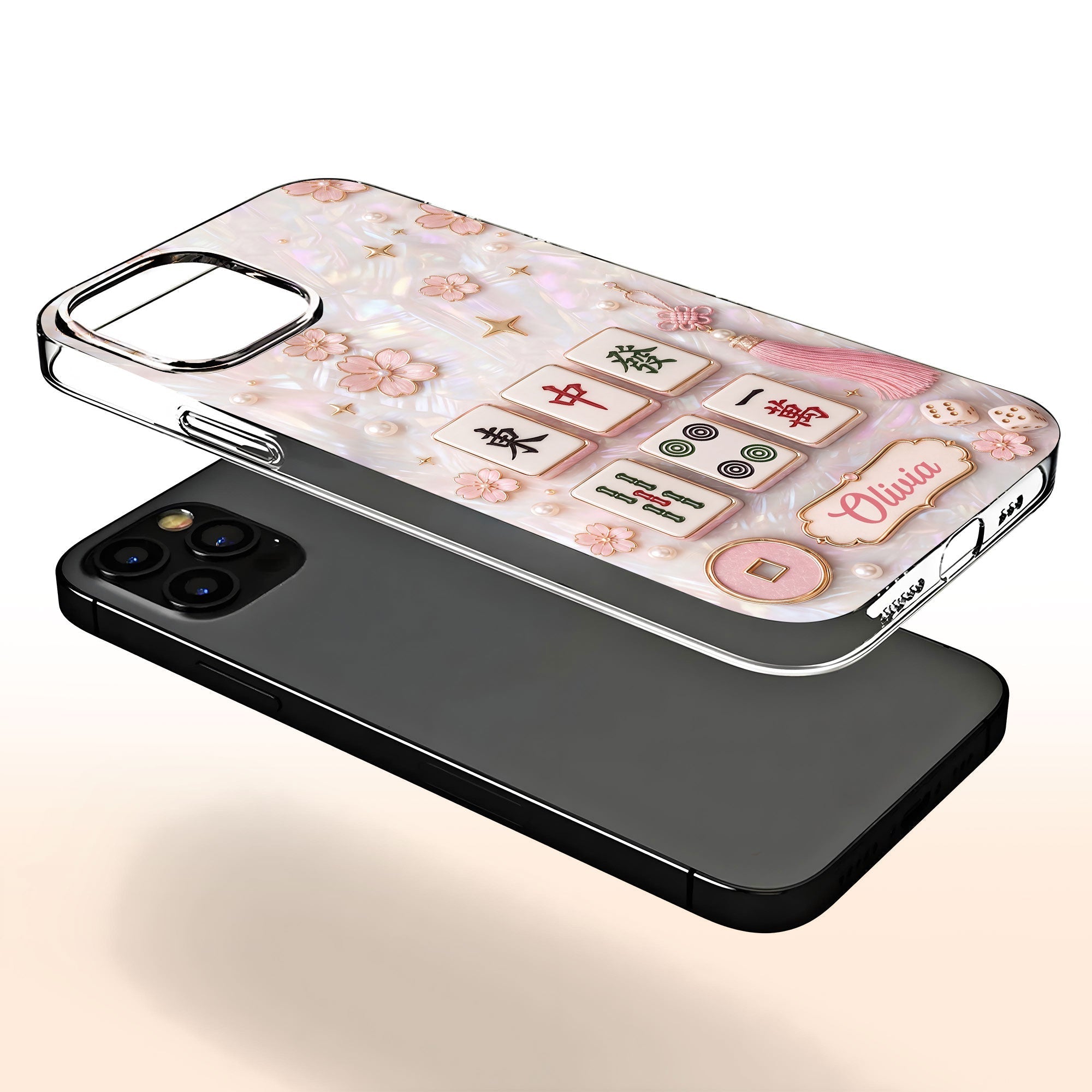 Personalized Clear Phone Case with Cherry Blossoms for Mahjong Lovers