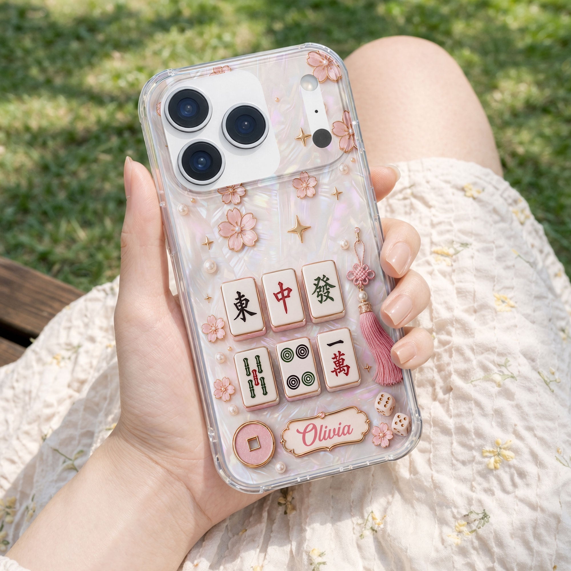 Personalized Clear Phone Case with Cherry Blossoms for Mahjong Lovers