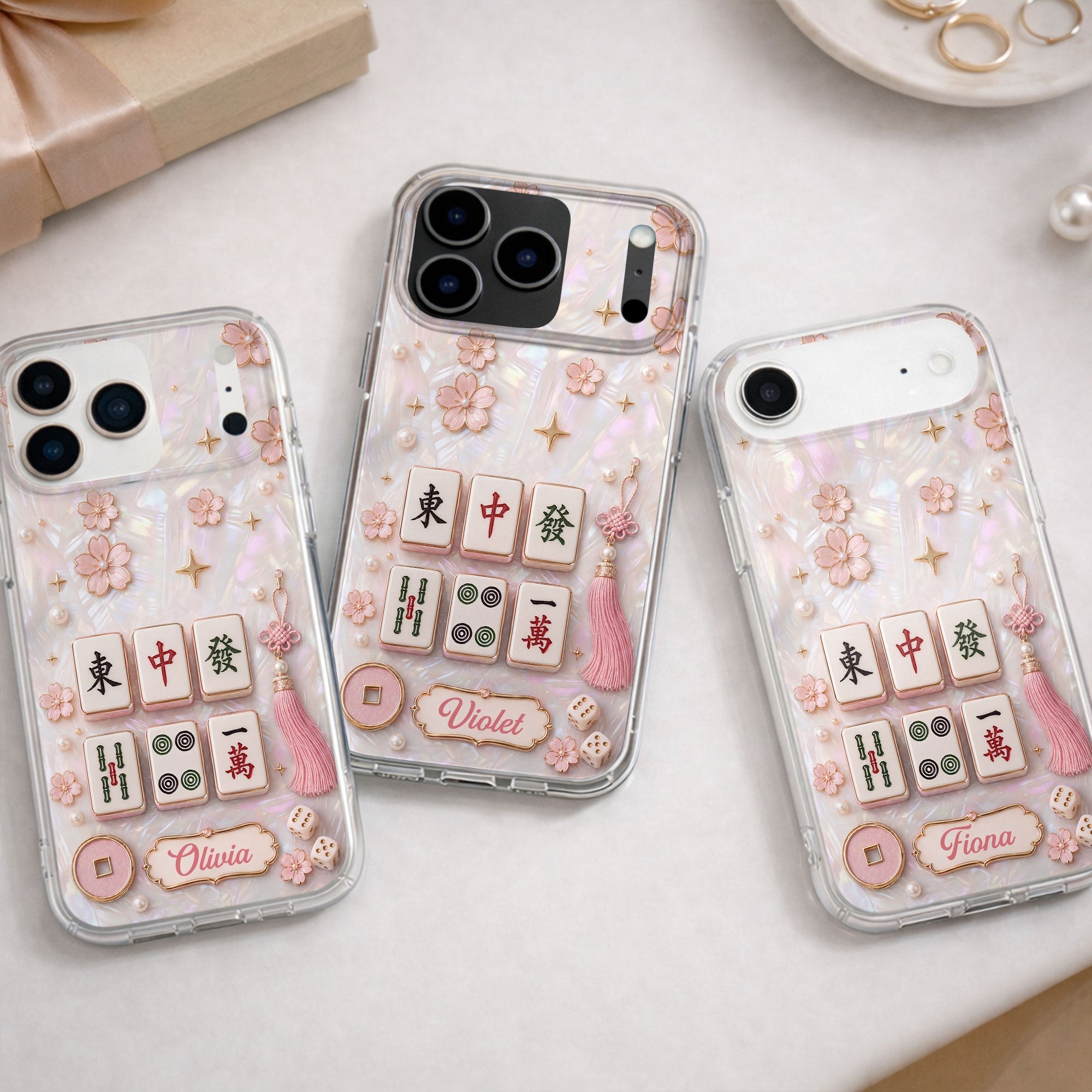 Personalized Clear Phone Case with Cherry Blossoms for Mahjong Lovers