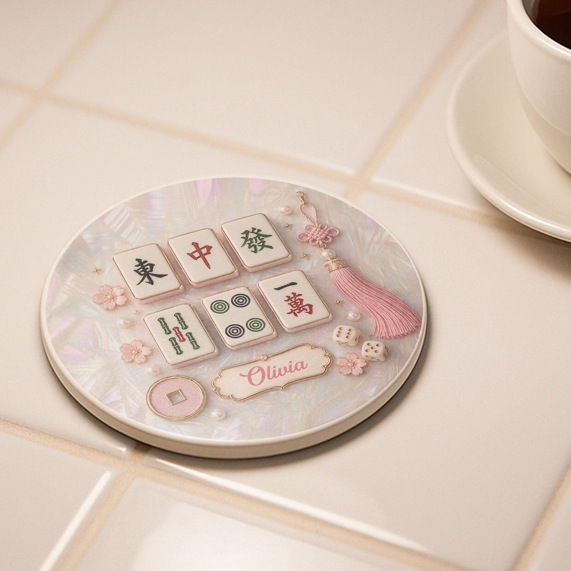 Personalized Mahjong Mother of Pearl Coaster Custom Name Gift