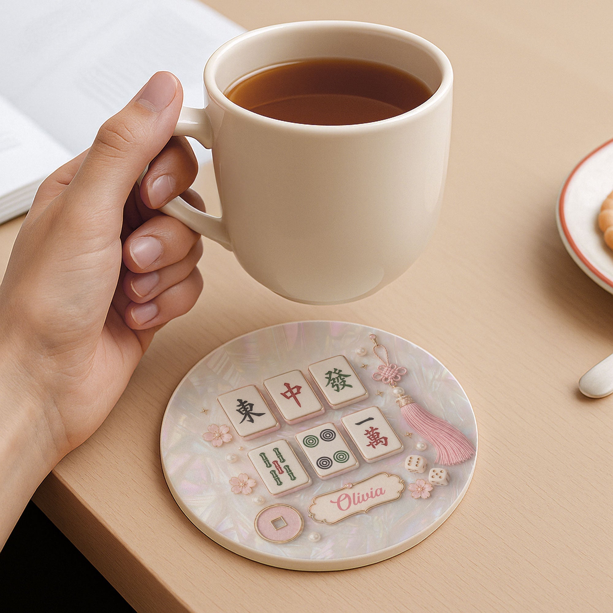 Personalized Mahjong Mother of Pearl Coaster Custom Name Gift