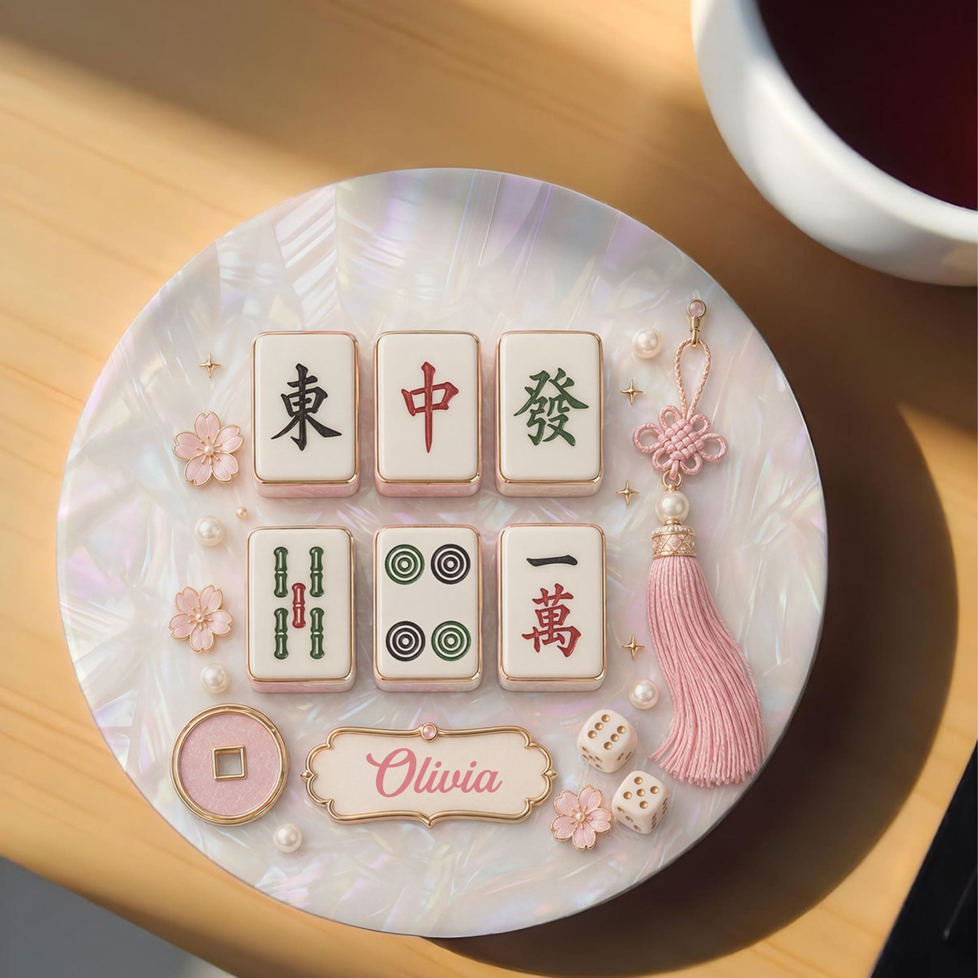 Personalized Mahjong Mother of Pearl Coaster Custom Name Gift