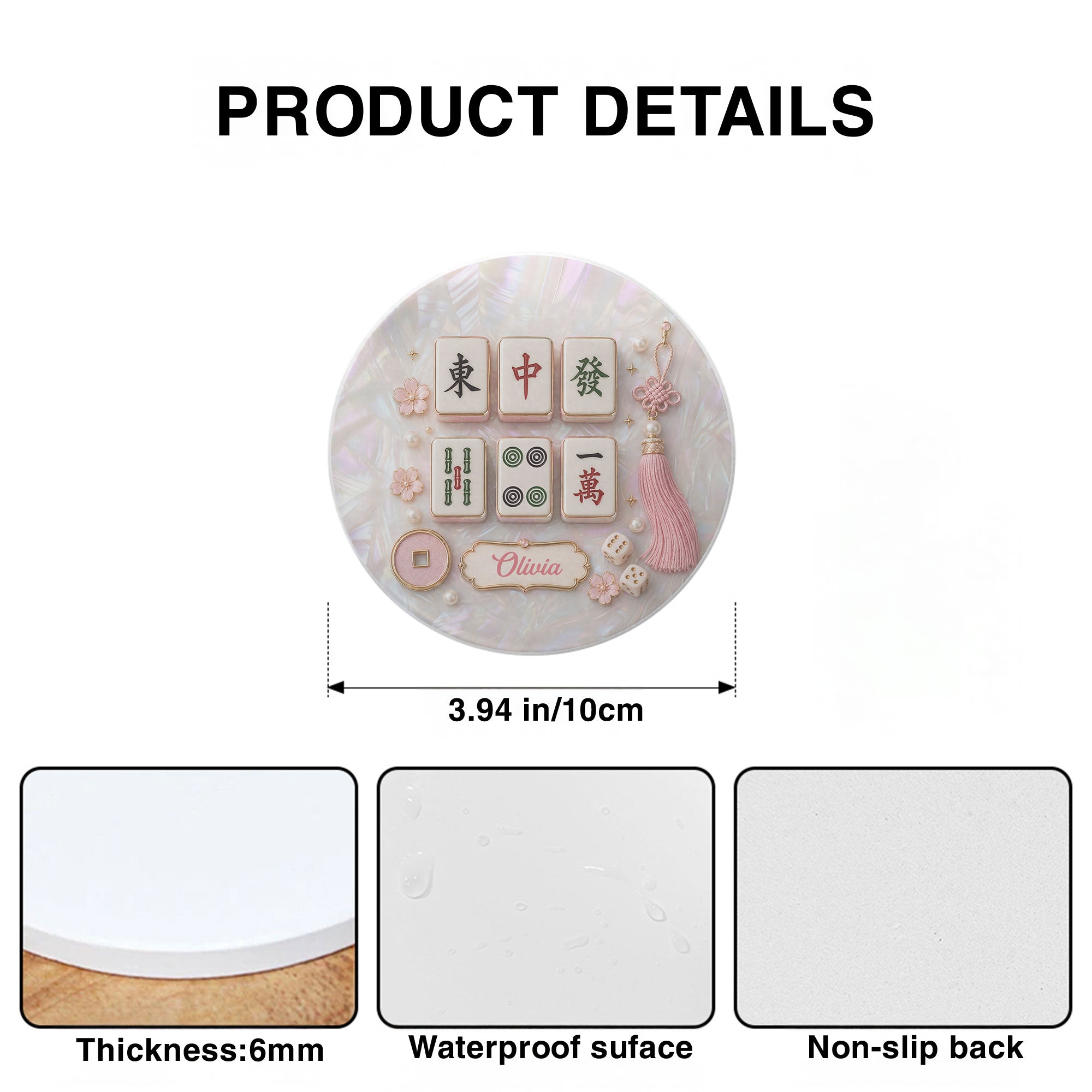 Personalized Mahjong Mother of Pearl Coaster Custom Name Gift