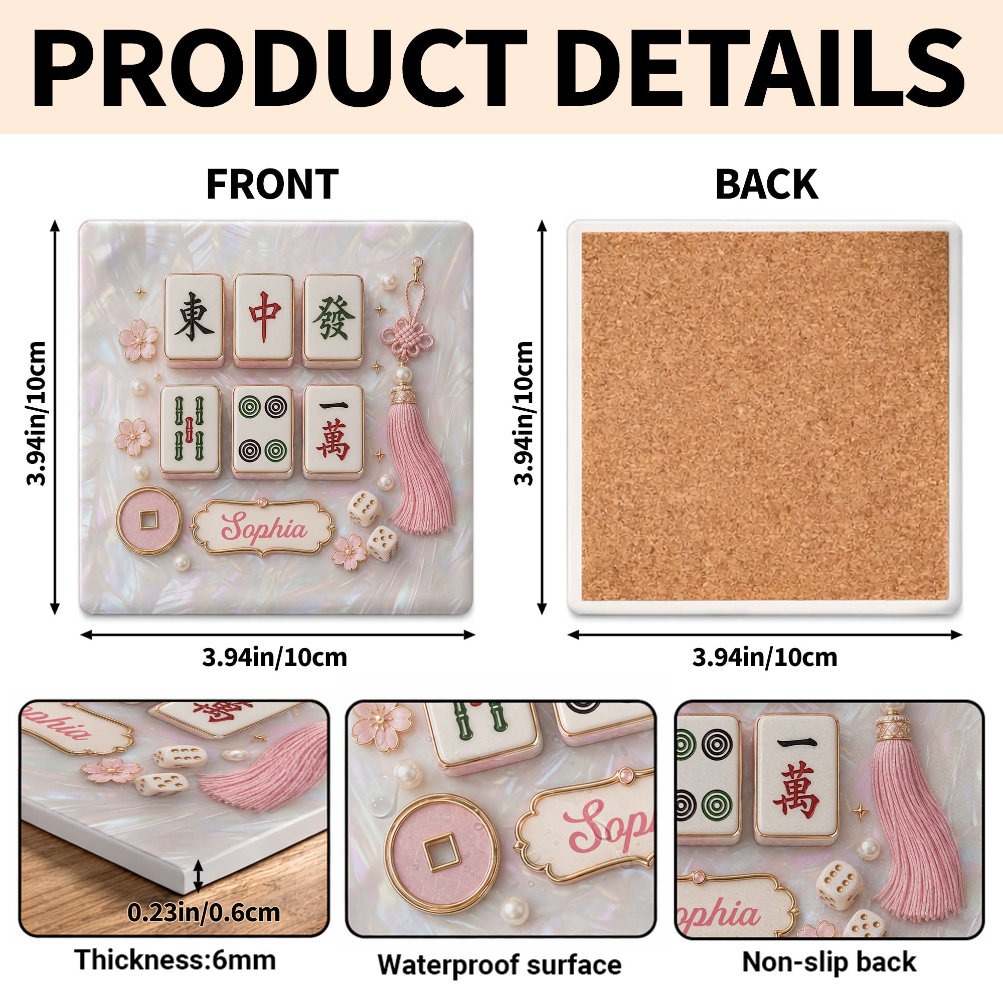 Personalized Mahjong Tiles Ceramic Coaster Custom Gift for Her