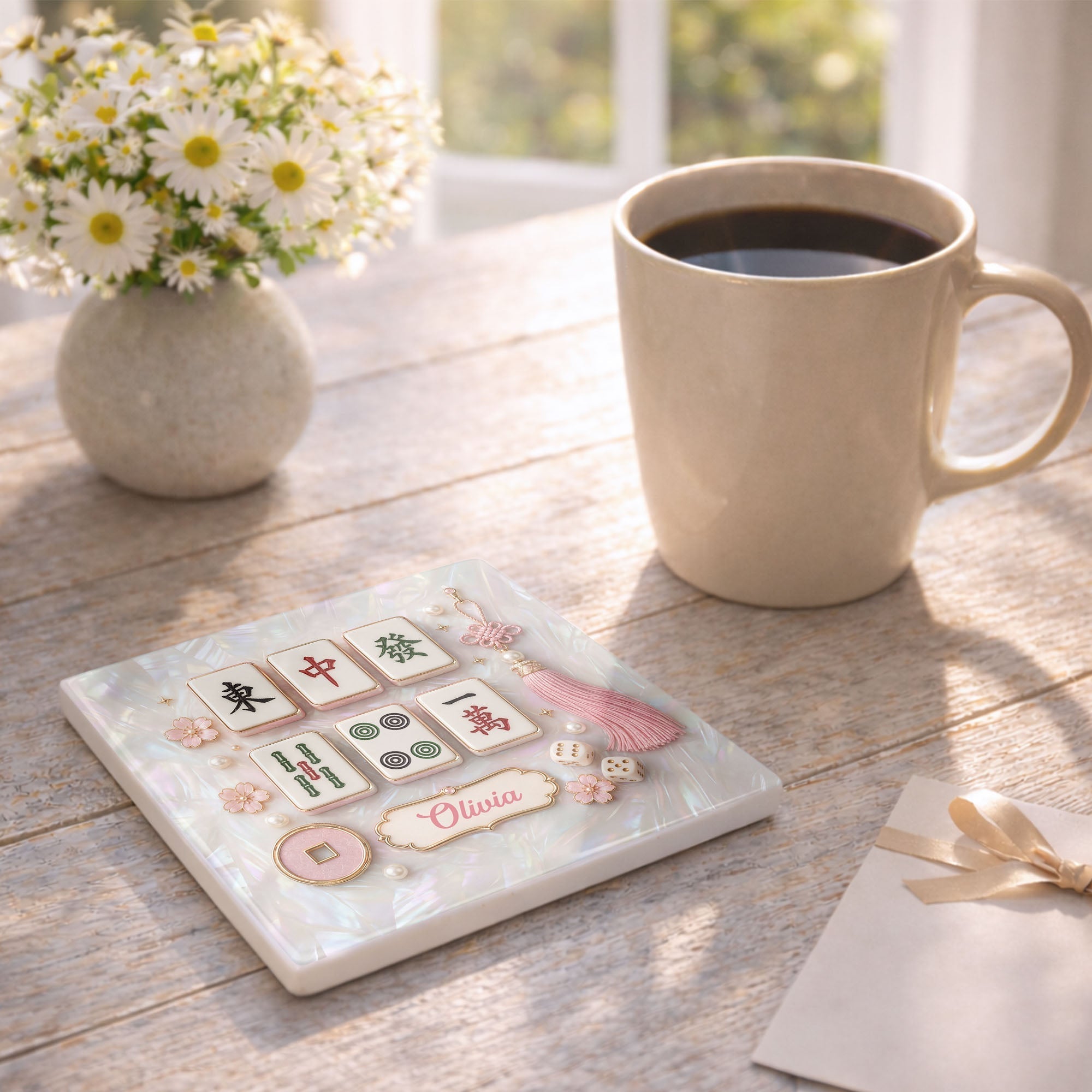 Personalized Mahjong Tiles Ceramic Coaster Custom Gift for Her