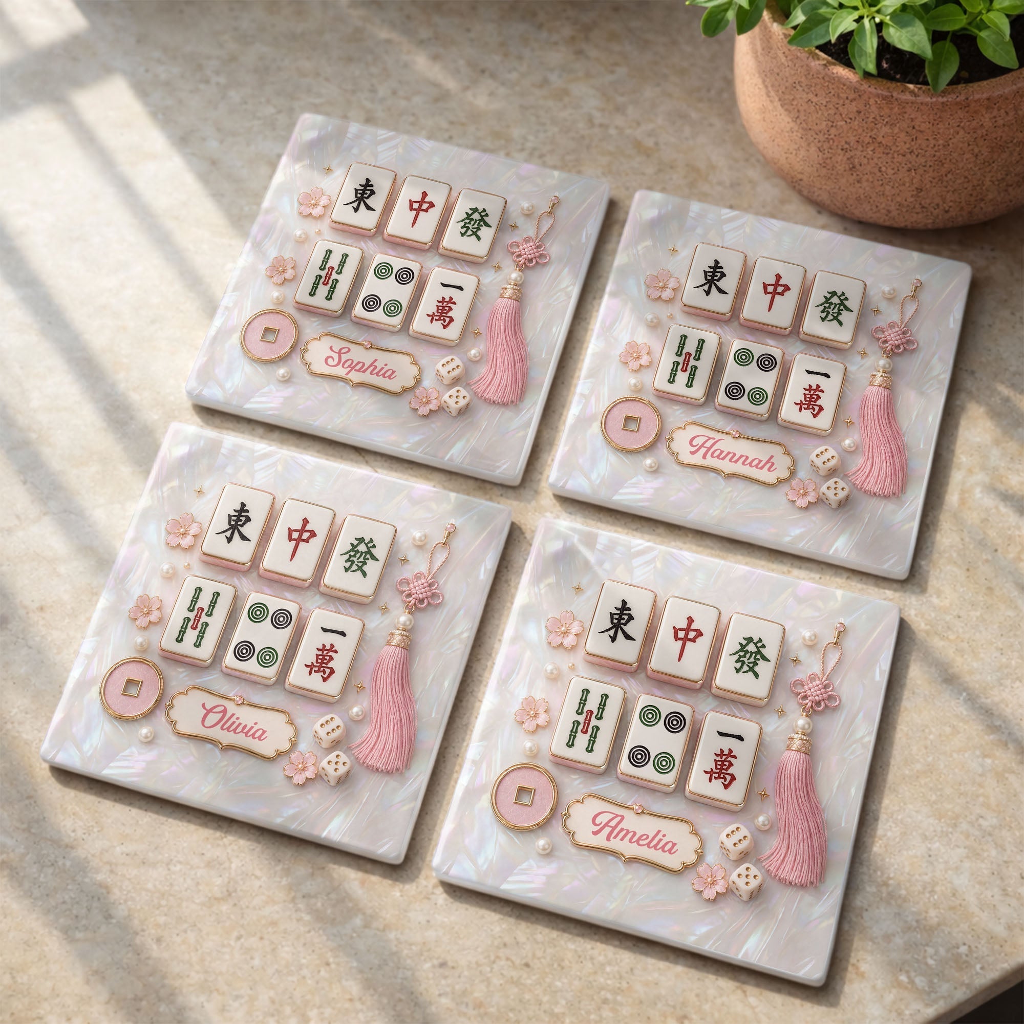 Personalized Mahjong Tiles Ceramic Coaster Custom Gift for Her