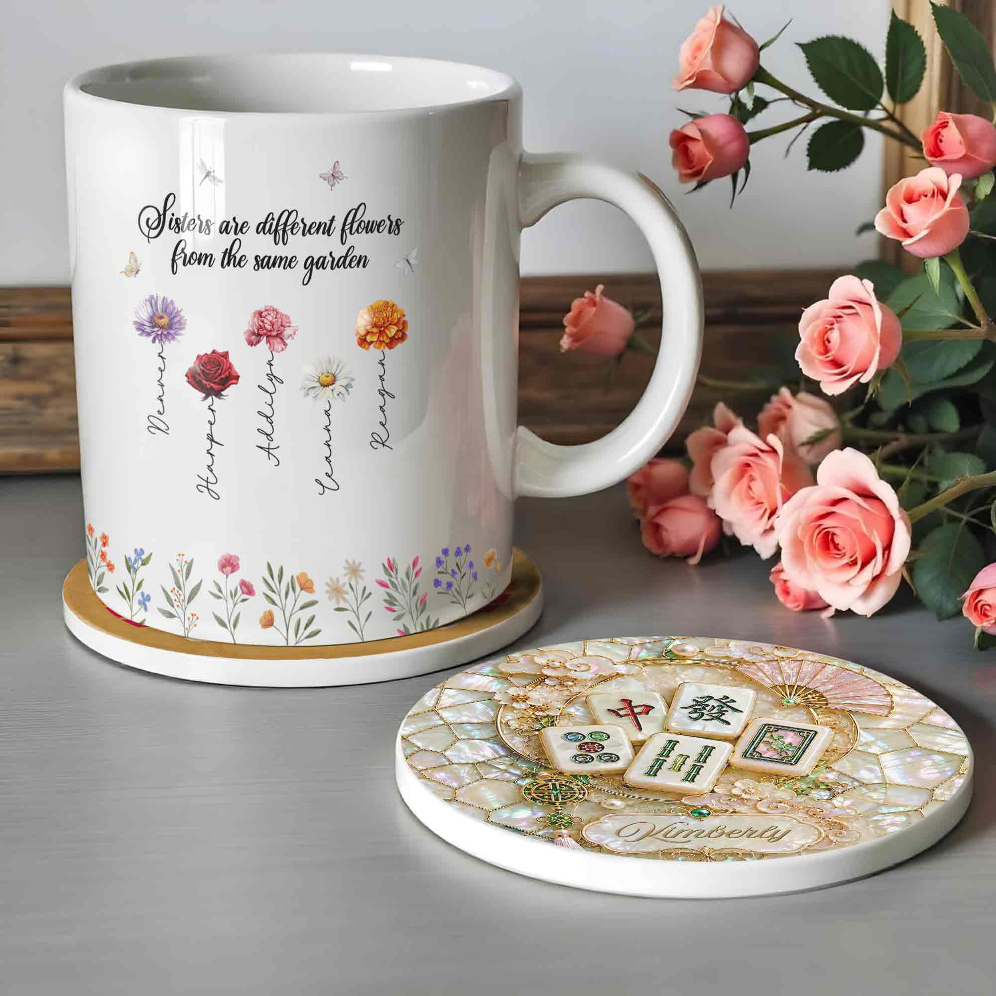 Personalized Mahjong Ceramic Coaster Custom Name Gift for Mom