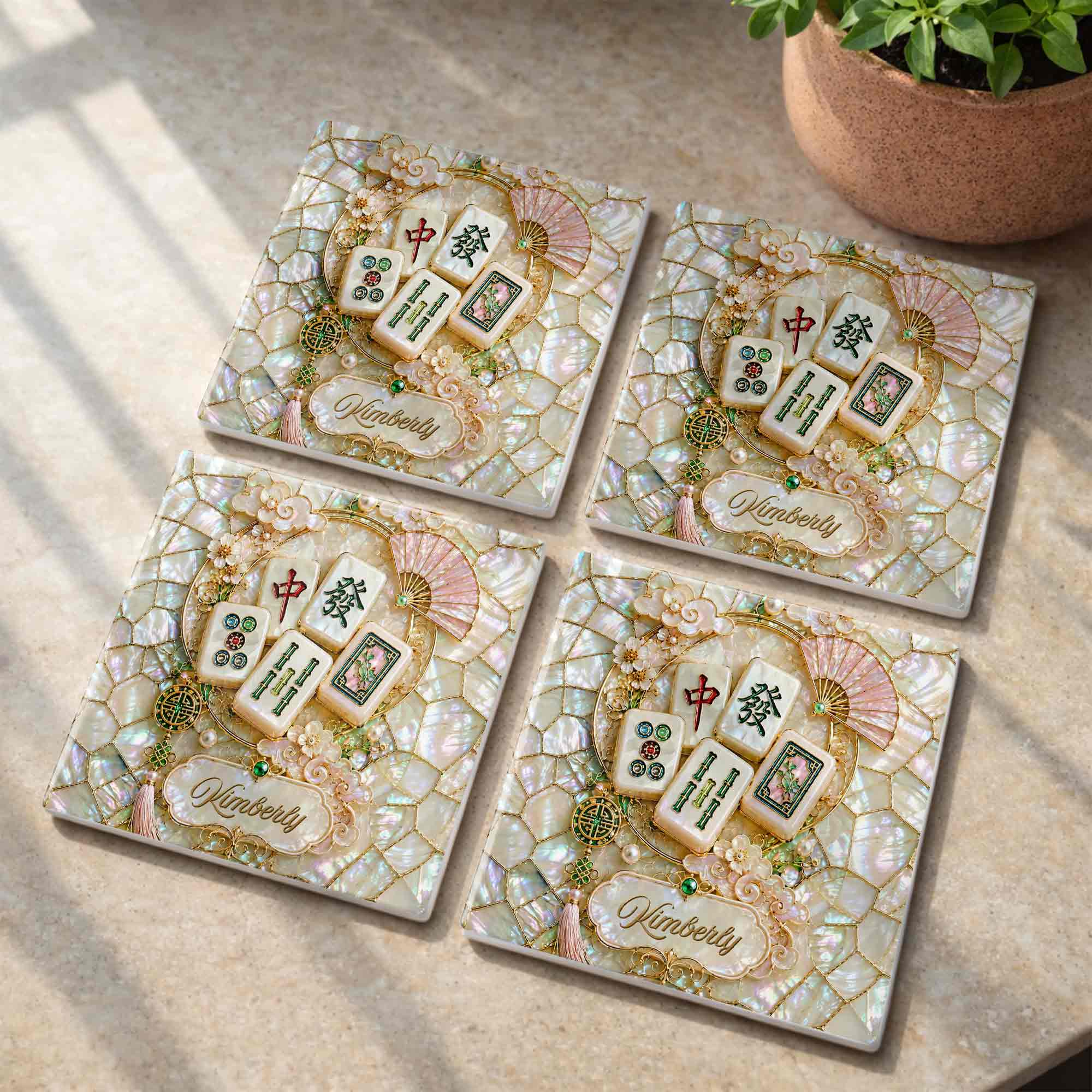 Personalized Mahjong Tiles Ceramic Coaster Custom Gift for Grandma