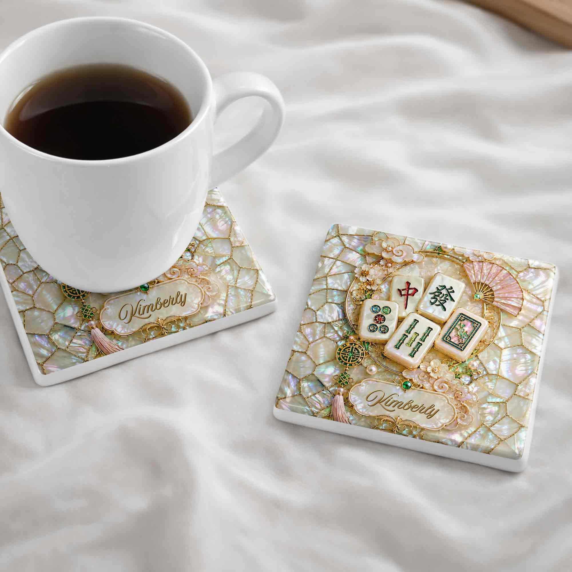Personalized Mahjong Tiles Ceramic Coaster Custom Gift for Grandma