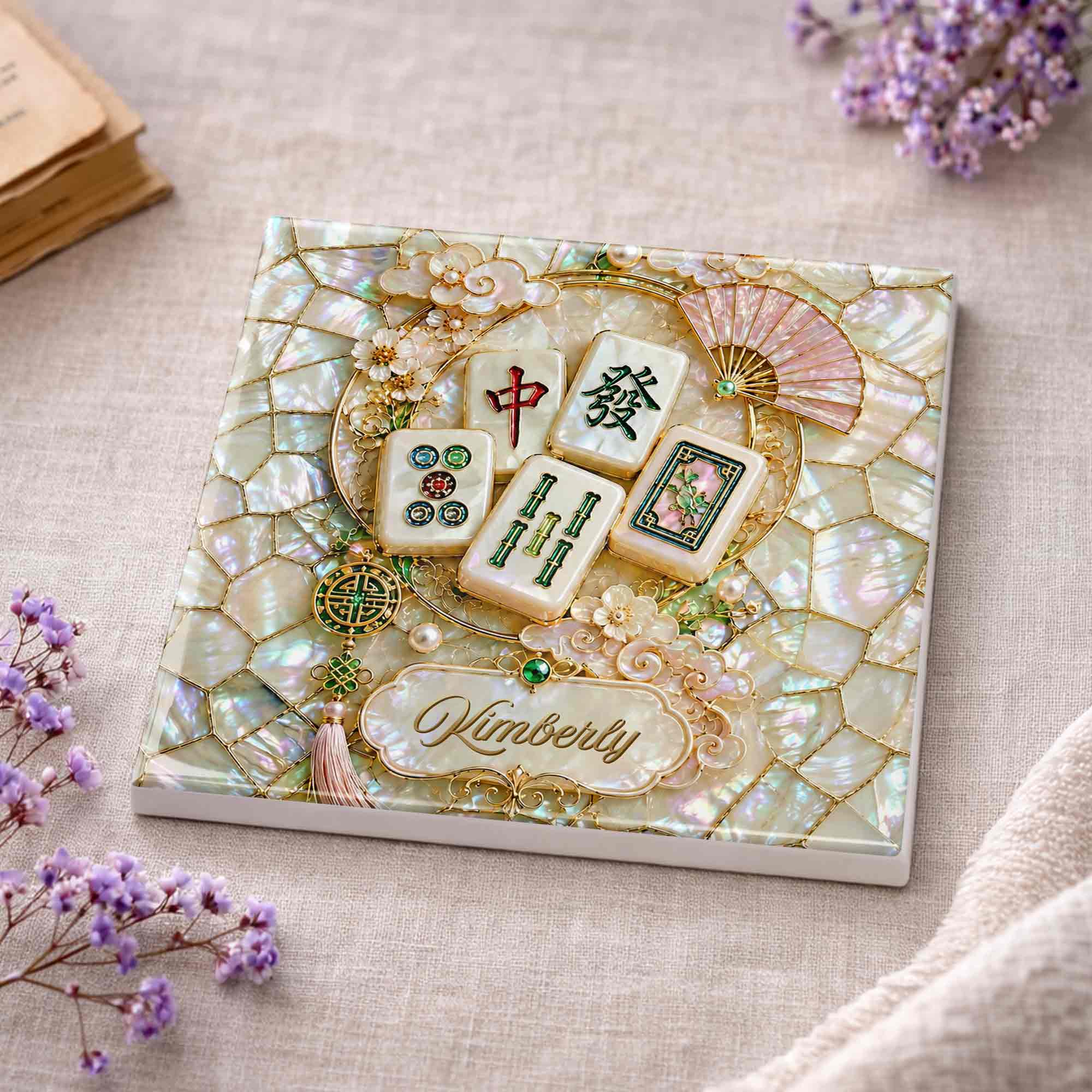 Personalized Mahjong Tiles Ceramic Coaster Custom Gift for Grandma