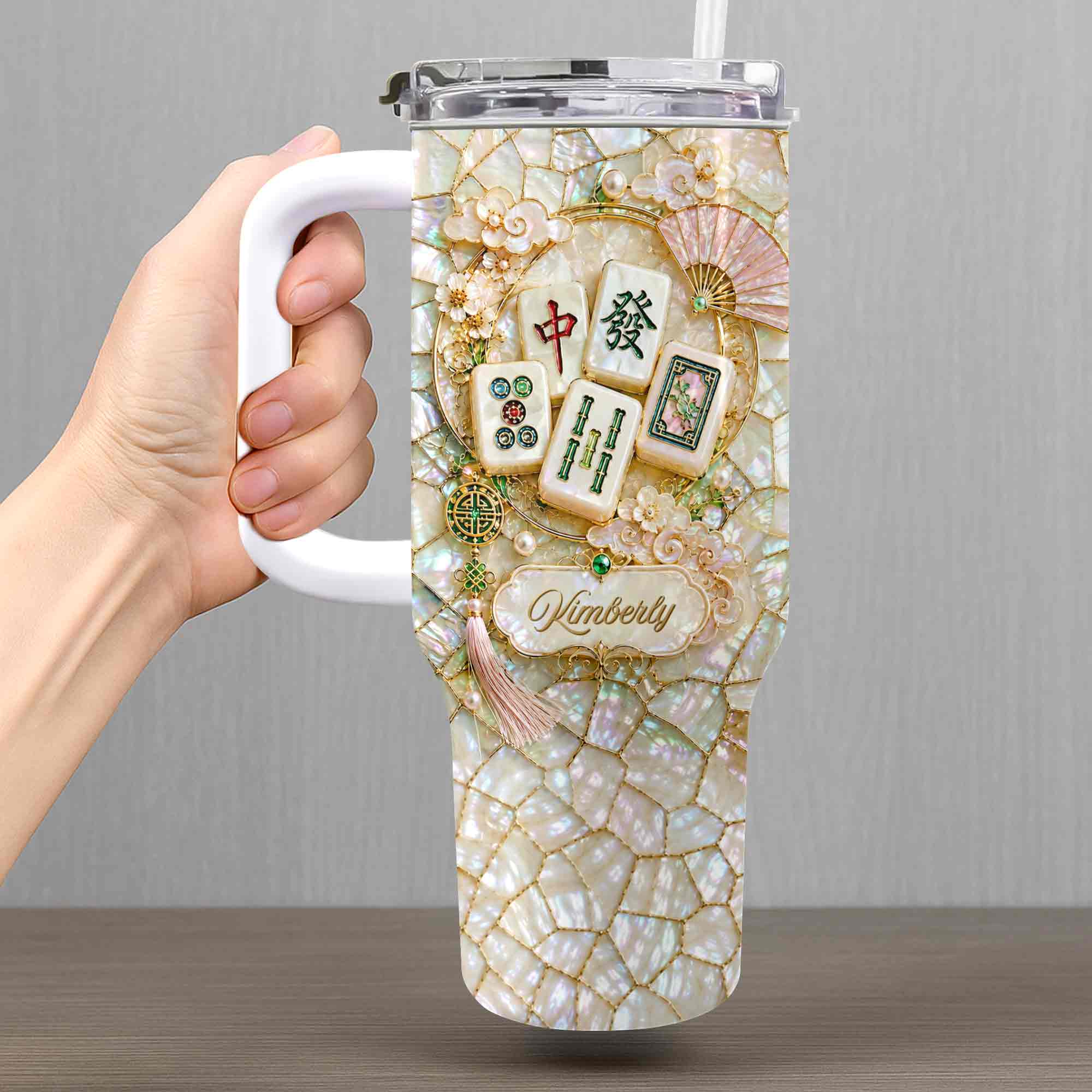 Personalized 40oz Stainless Steel Tumbler Mahjong Design Gift