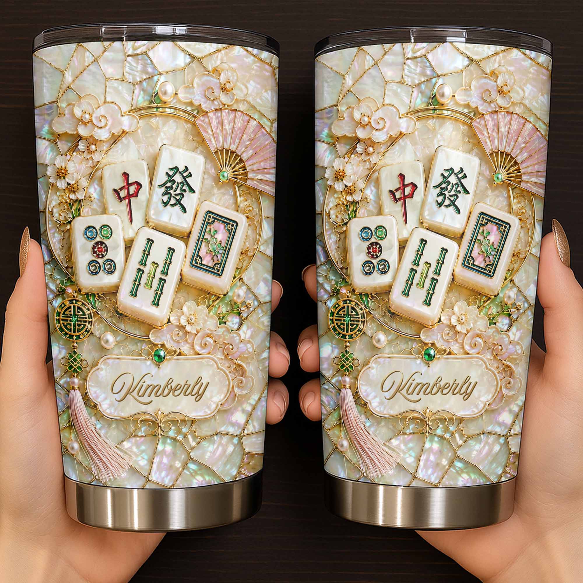 Personalized Floral Mahjong Tiles Custom Name Tumbler 20oz Gift