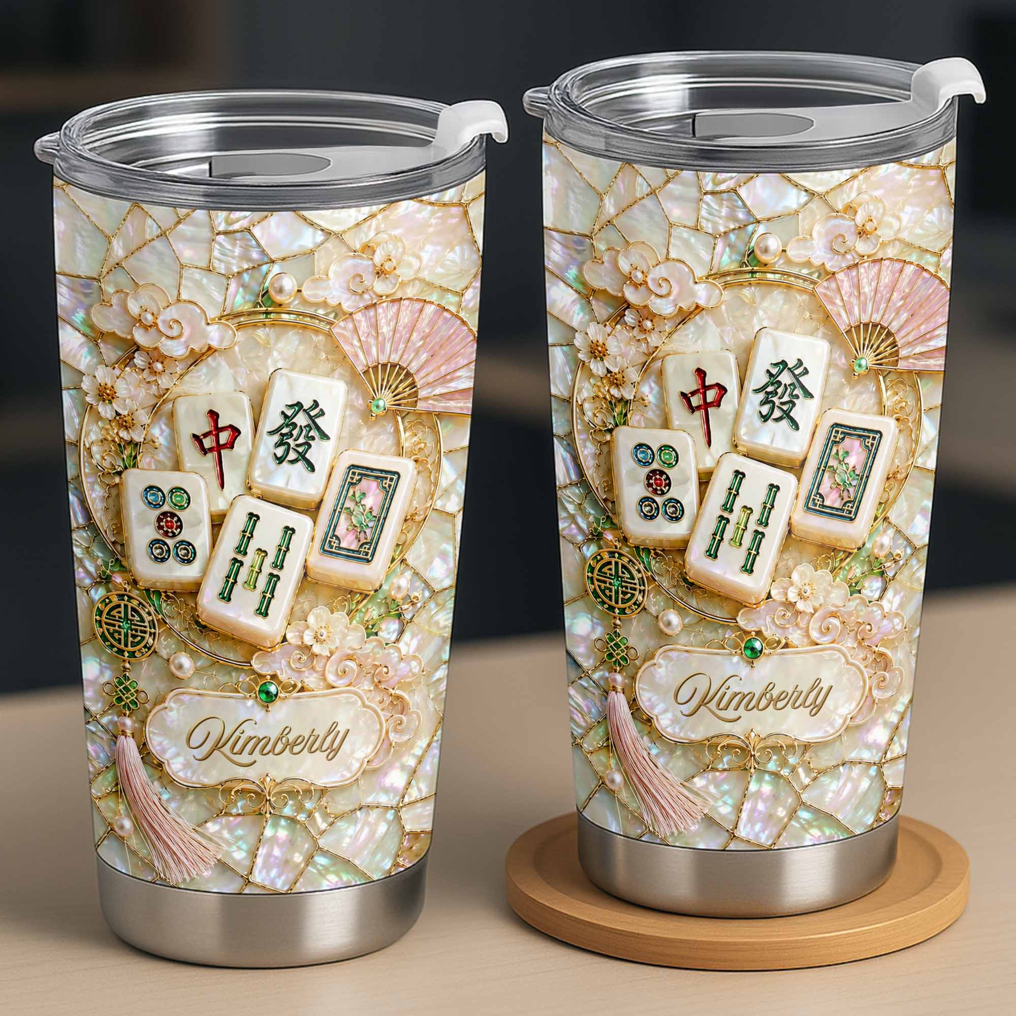 Personalized Floral Mahjong Tiles Custom Name Tumbler 20oz Gift
