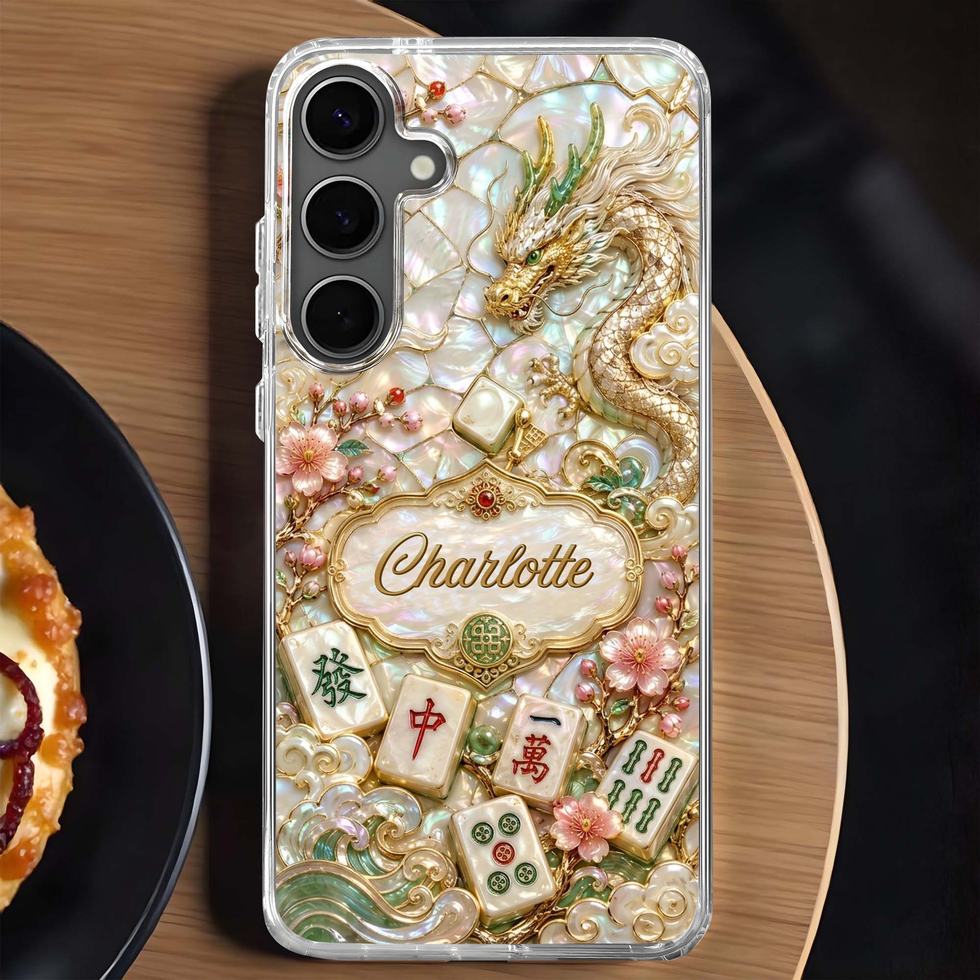 Personalized Clear Phone Case with Dragon & Mahjong Design for Mom