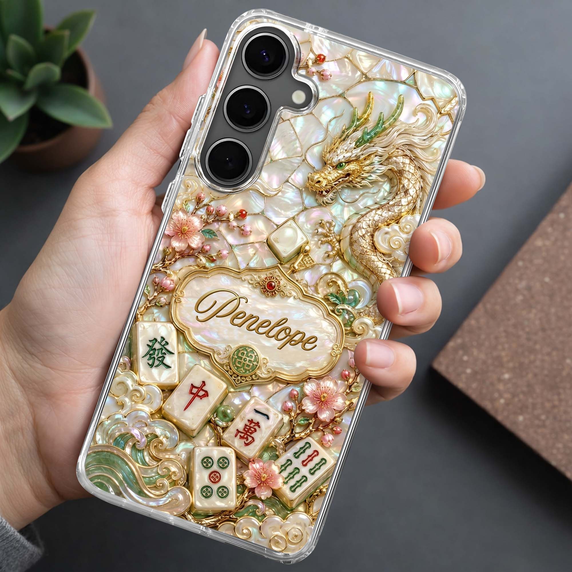 Personalized Clear Phone Case with Dragon & Mahjong Design for Mom