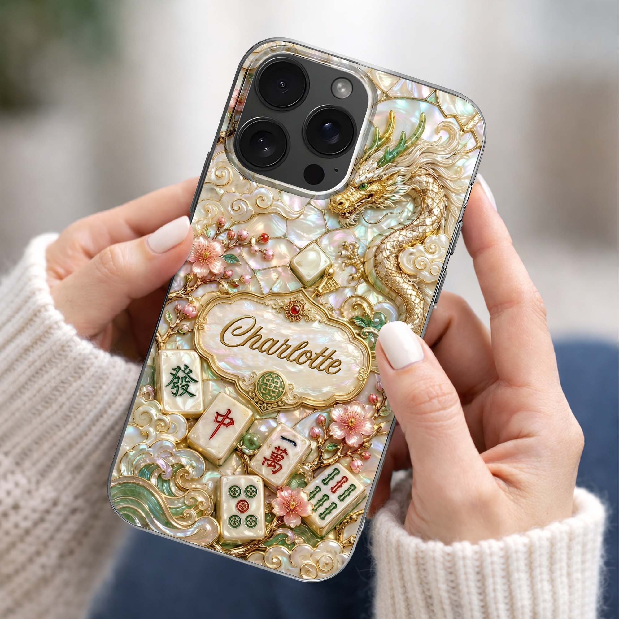 Personalized Clear Phone Case with Dragon & Mahjong Design for Mom
