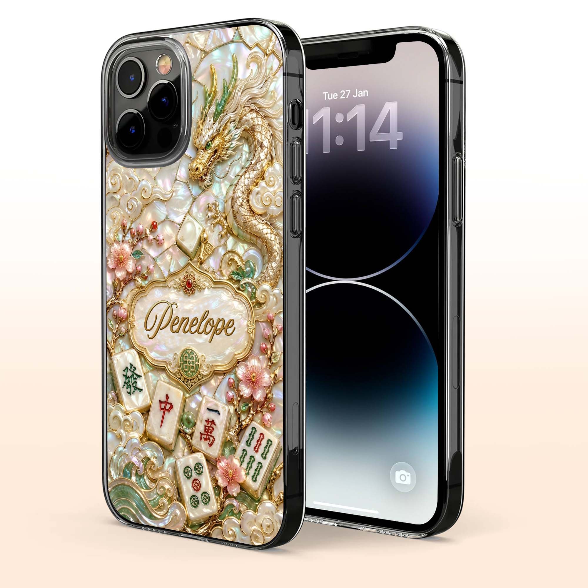 Personalized Clear Phone Case with Dragon & Mahjong Design for Mom