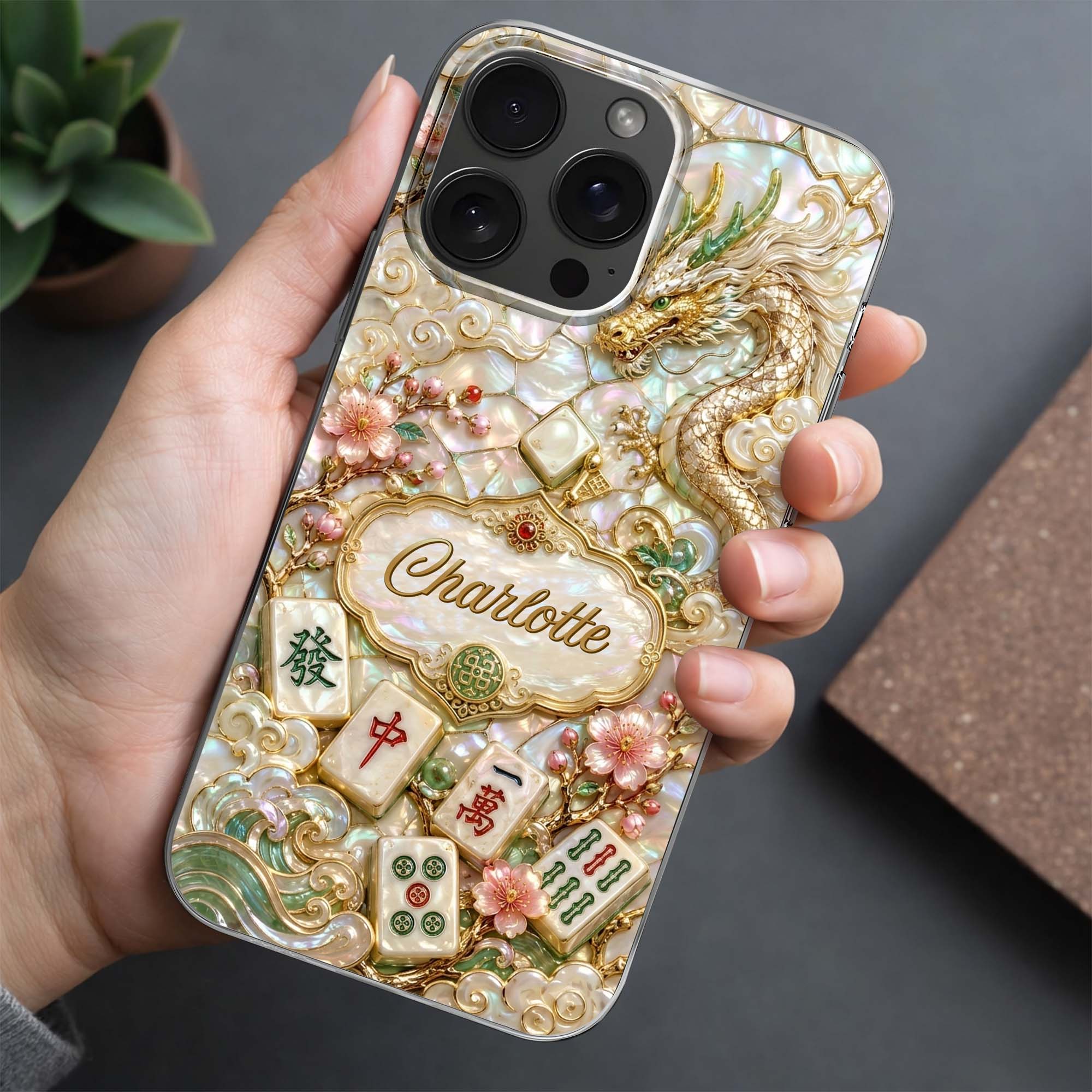 Personalized Clear Phone Case with Dragon & Mahjong Design for Mom