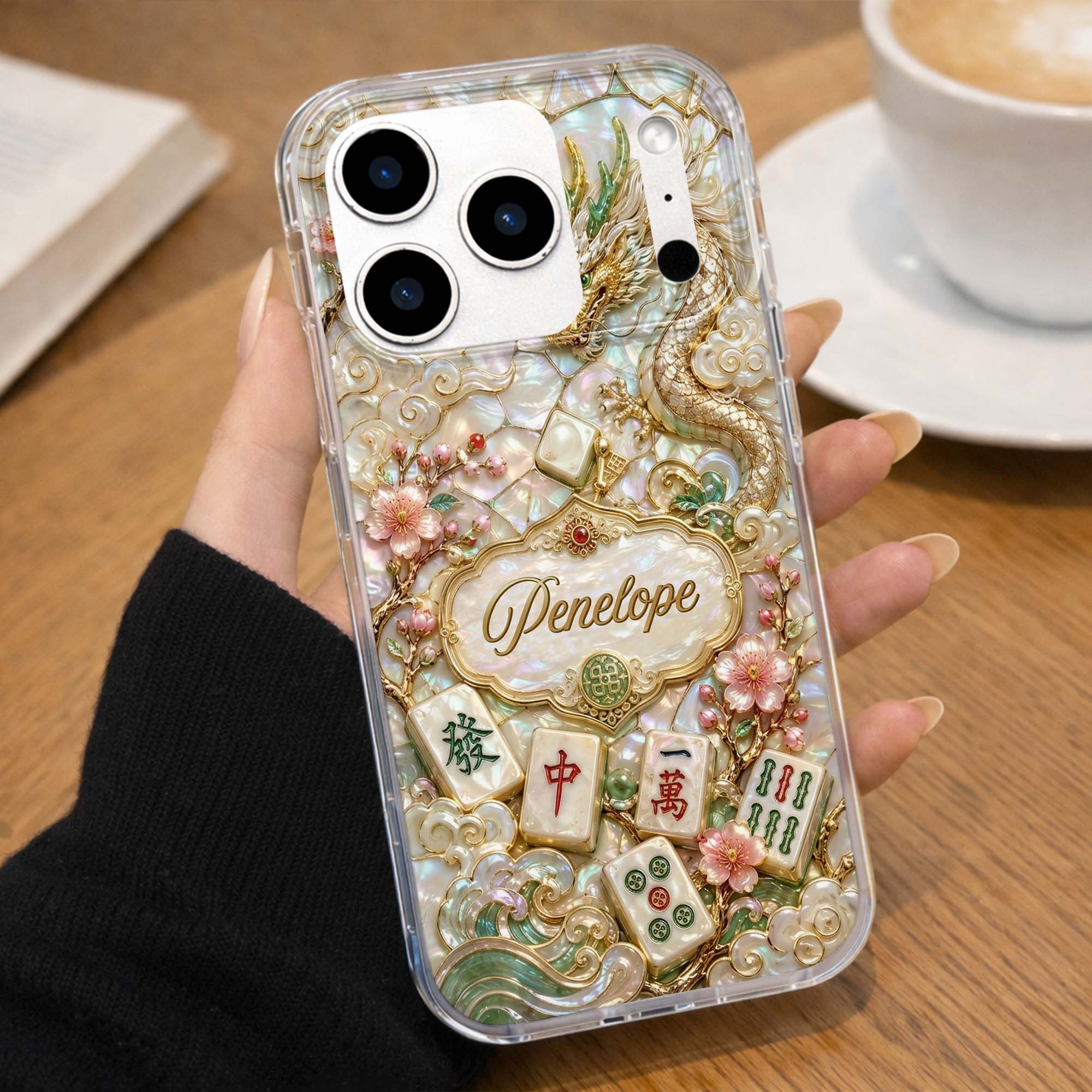 Personalized Clear Phone Case with Dragon & Mahjong Design for Mom