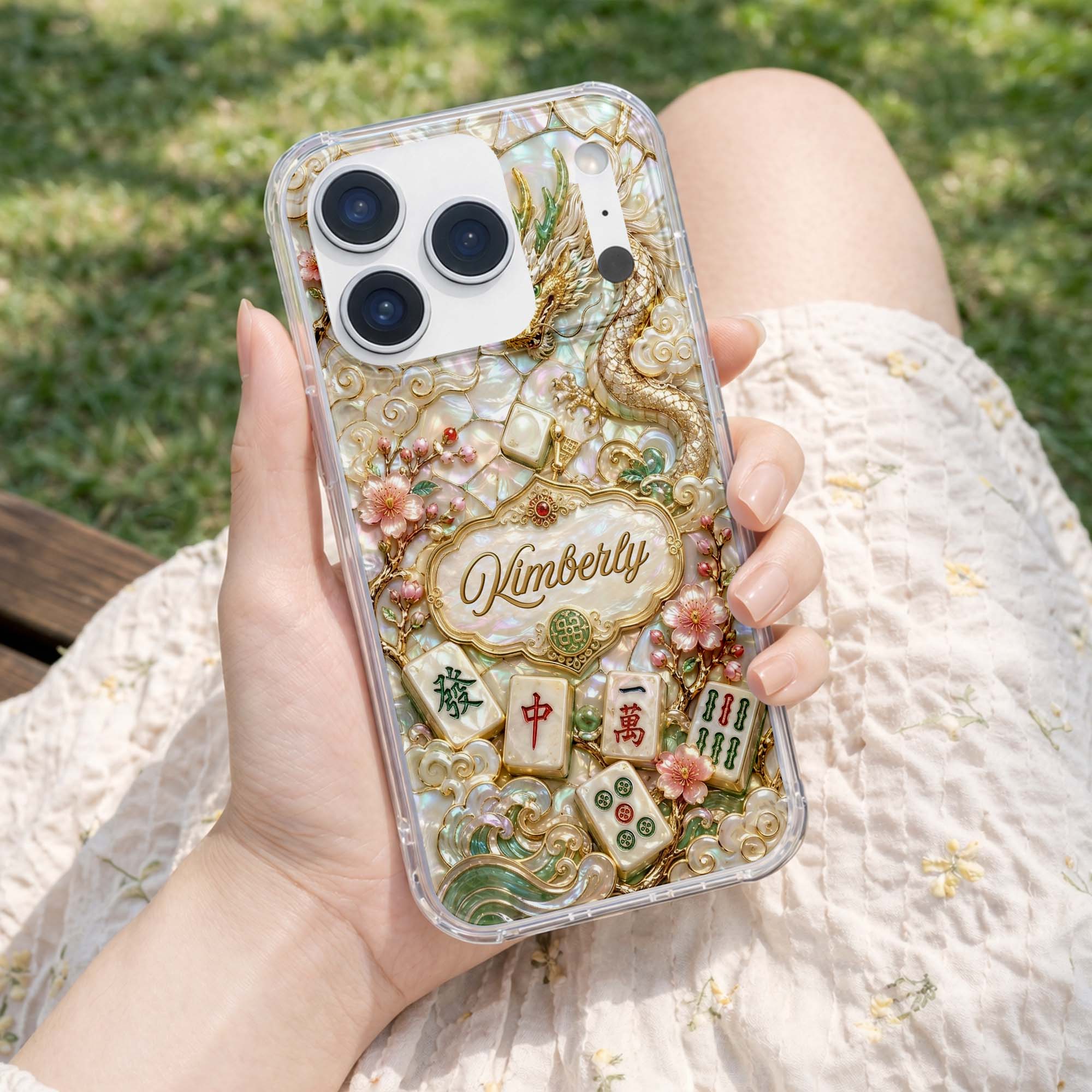 Personalized Clear Phone Case with Dragon & Mahjong Design for Mom