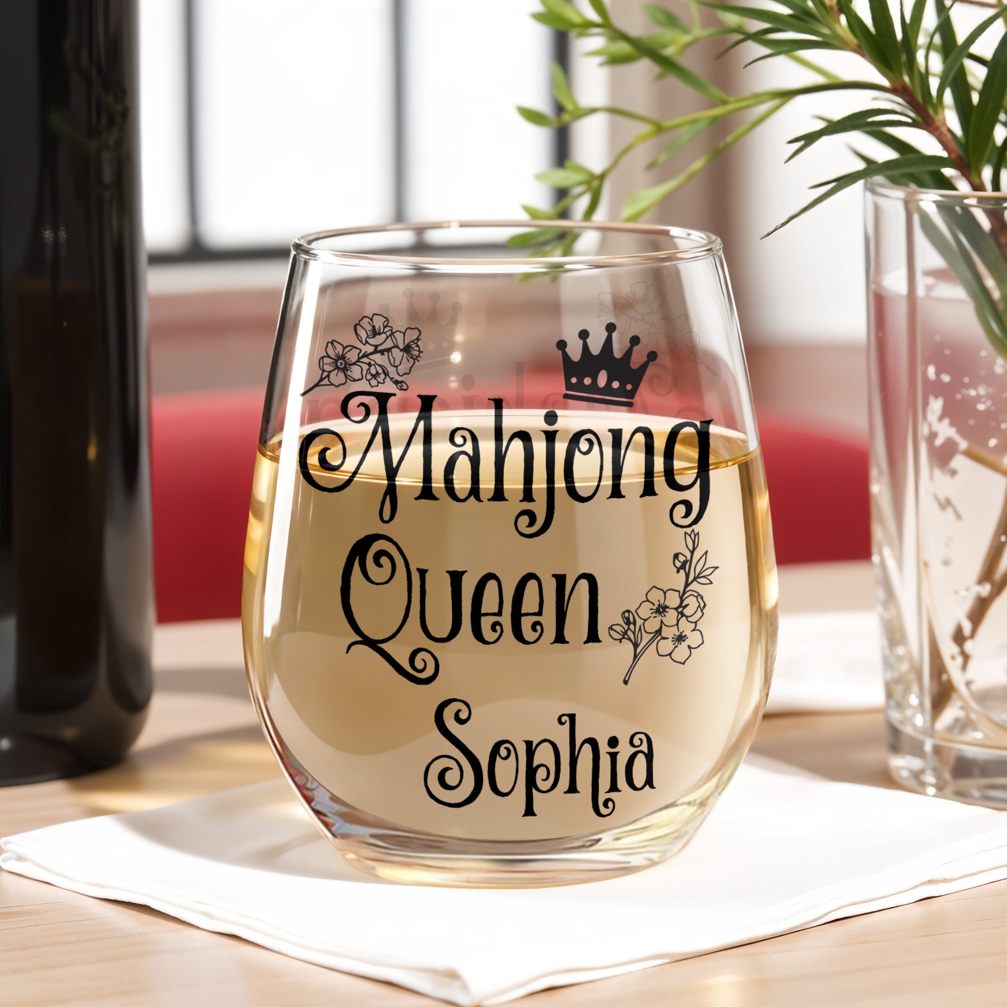 Personalized Stemless Wine Glass for Mahjong Queen Gift