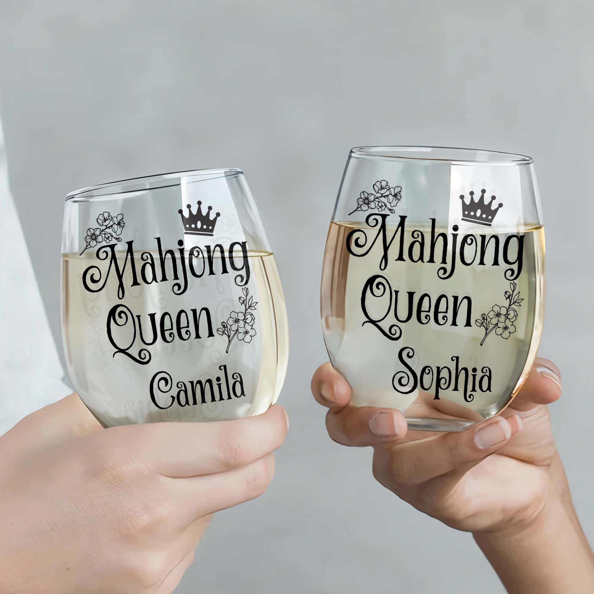 Personalized Stemless Wine Glass for Mahjong Queen Gift