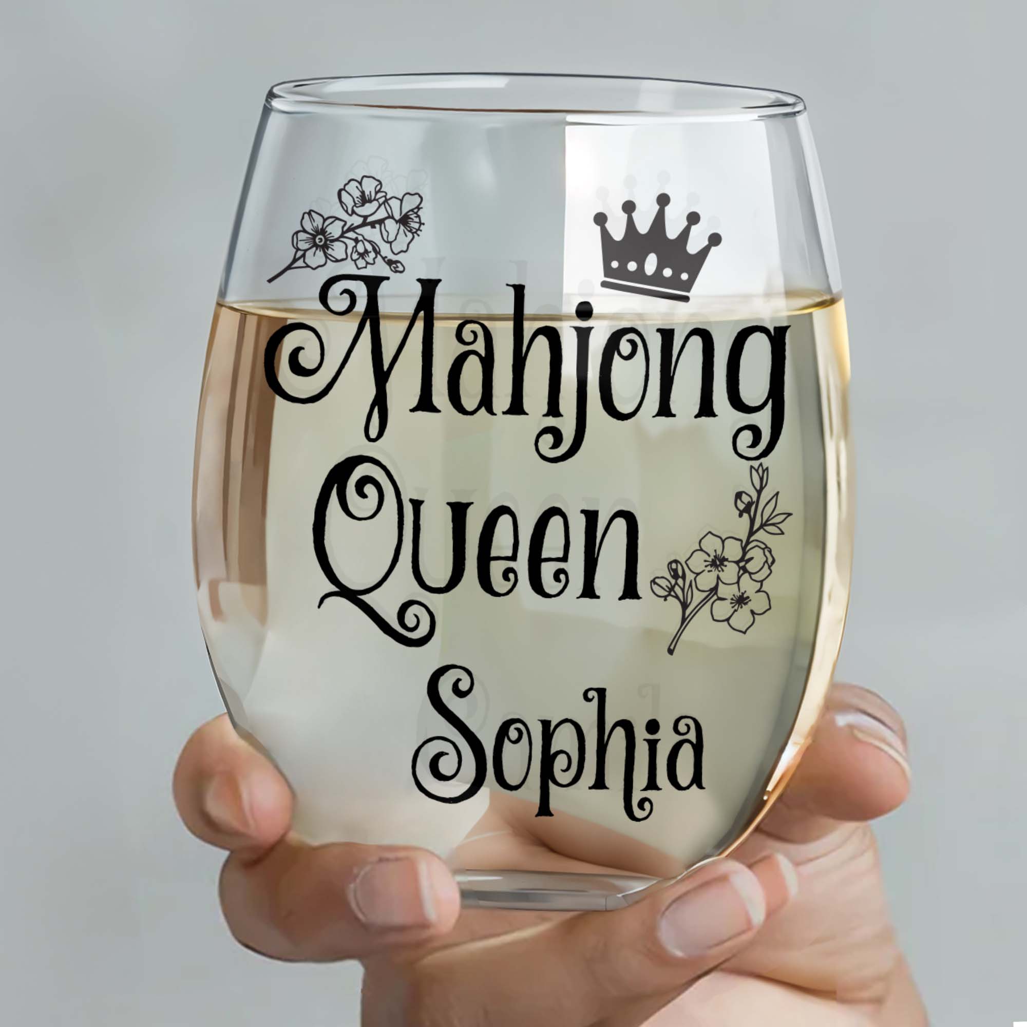 Personalized Stemless Wine Glass for Mahjong Queen Gift