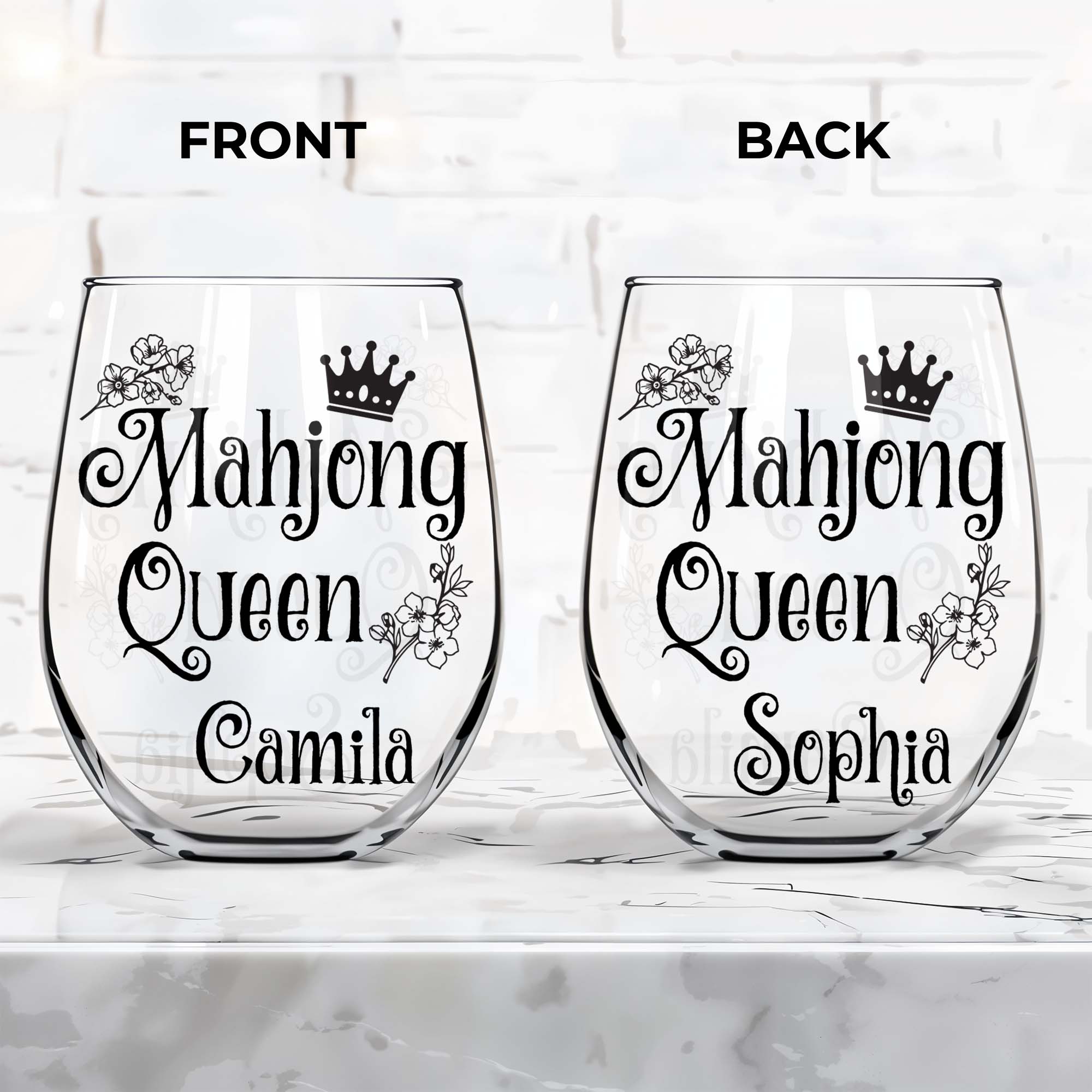 Personalized Stemless Wine Glass for Mahjong Queen Gift