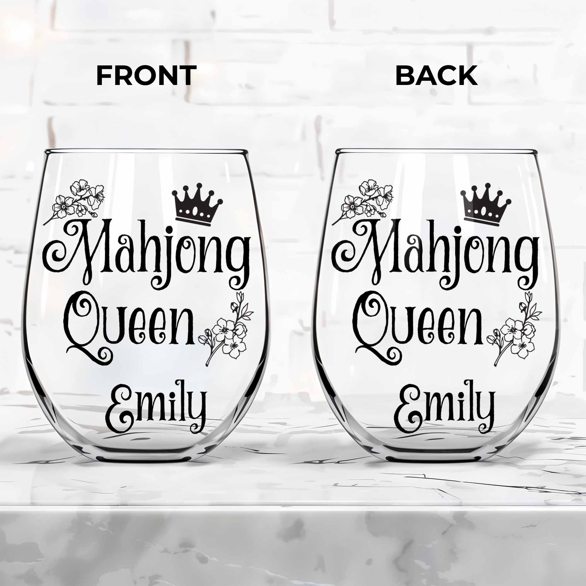 Personalized Stemless Wine Glass for Mahjong Queen Gift