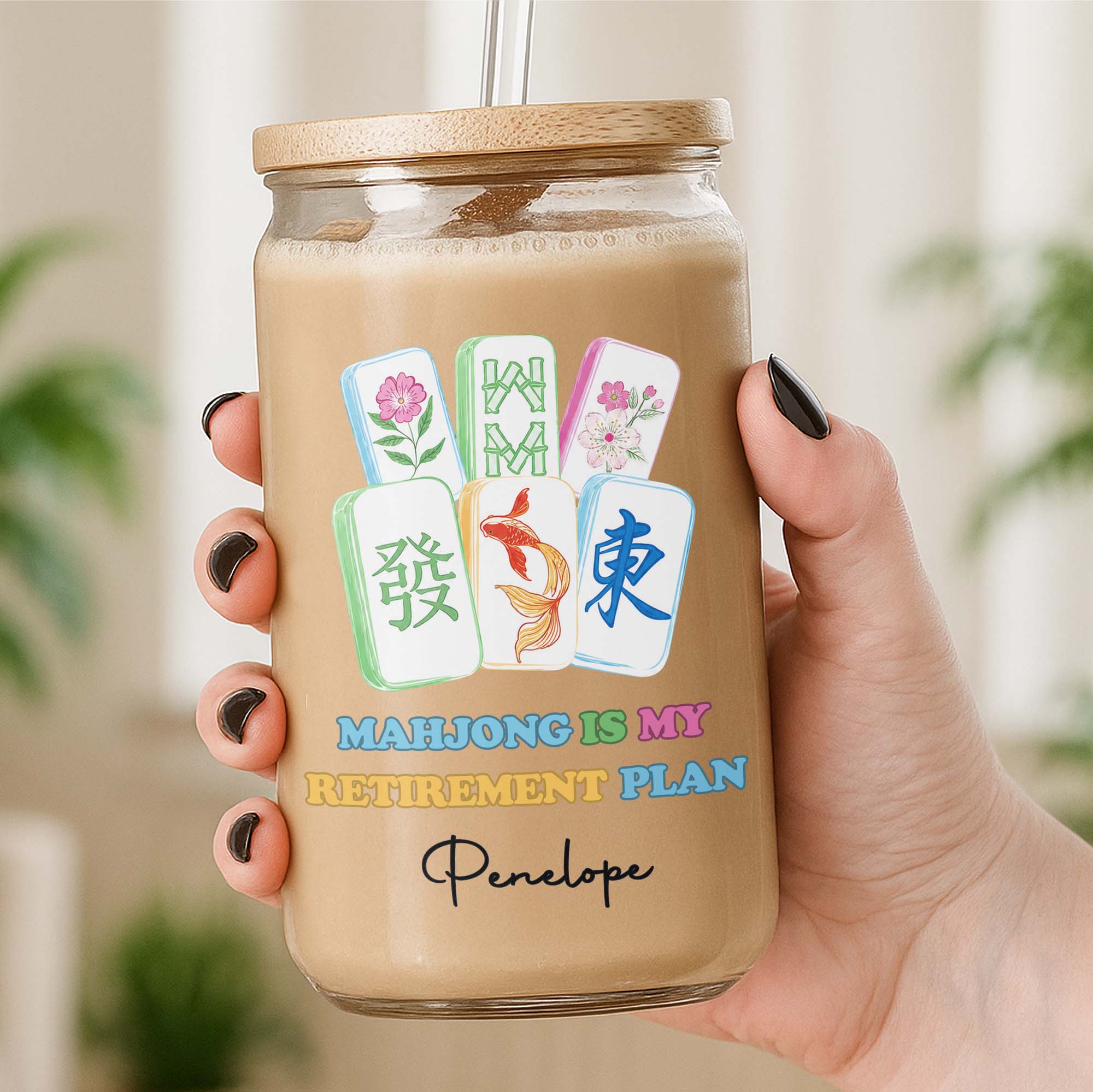 Personalized Floral Mahjong Tiles Glass Can Custom Name Gift for Mom