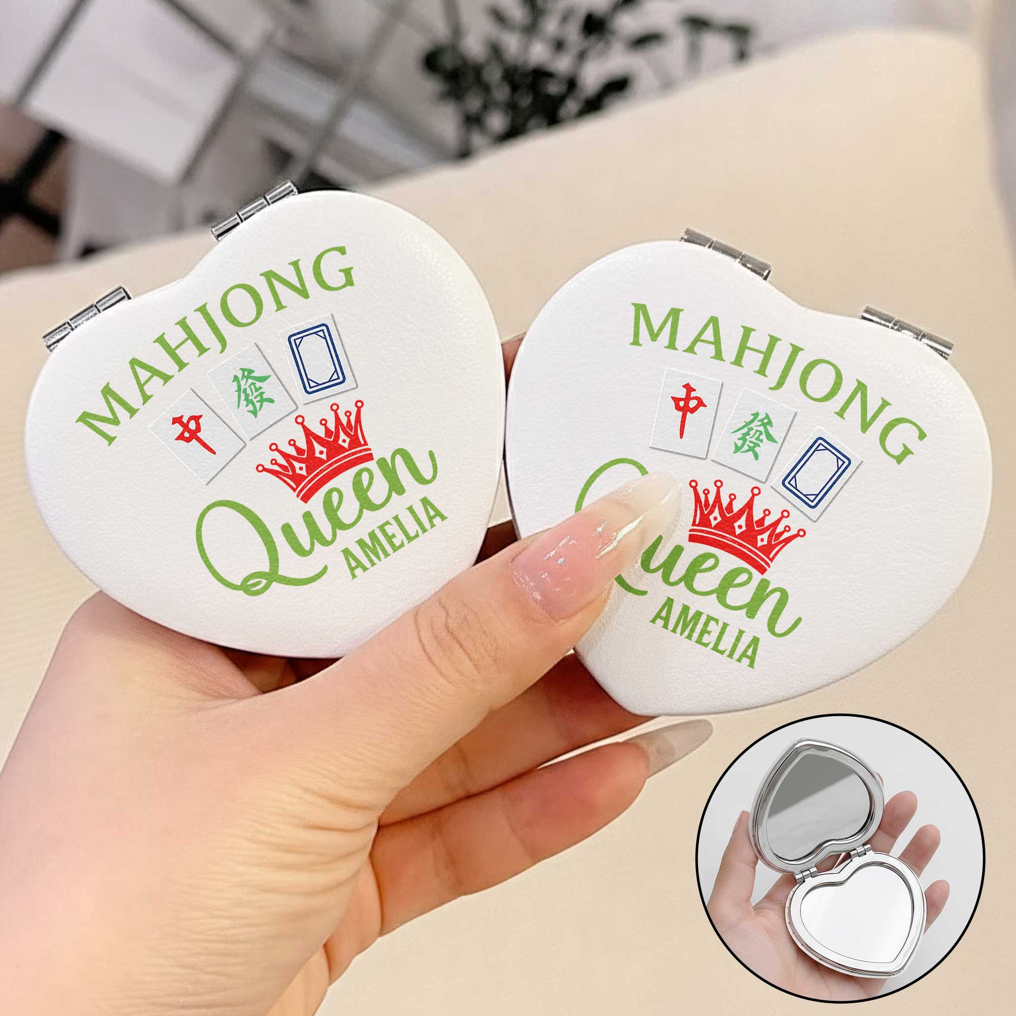 Personalized Mahjong Queen Heart Compact Mirror Custom Gift