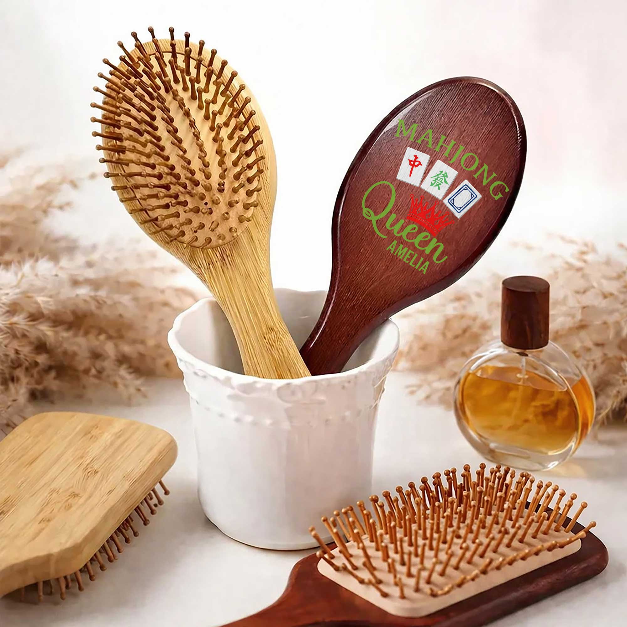Personalized Bamboo Hair Brush Custom Name Mahjong Queen Gift