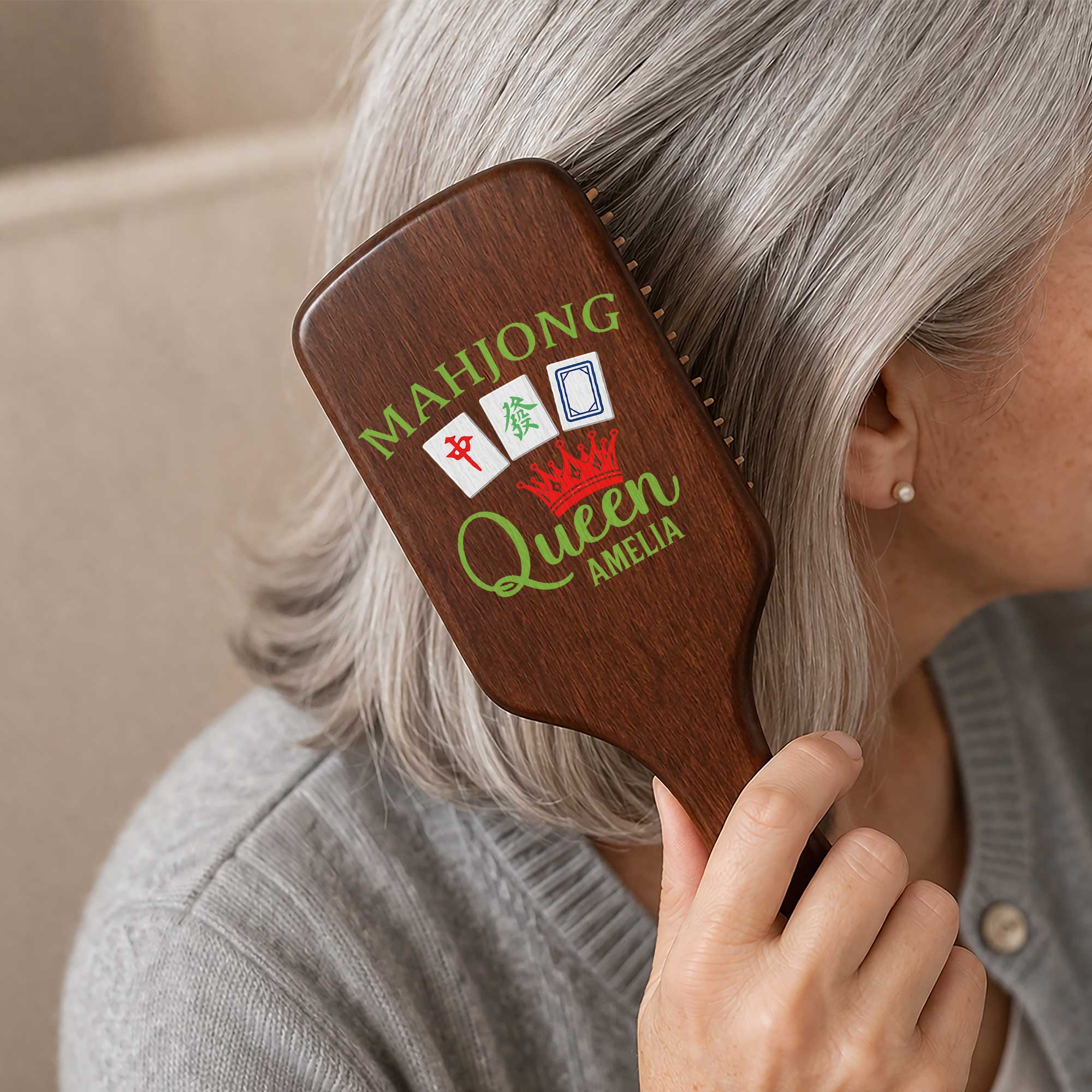 Personalized Bamboo Hair Brush Custom Name Mahjong Queen Gift