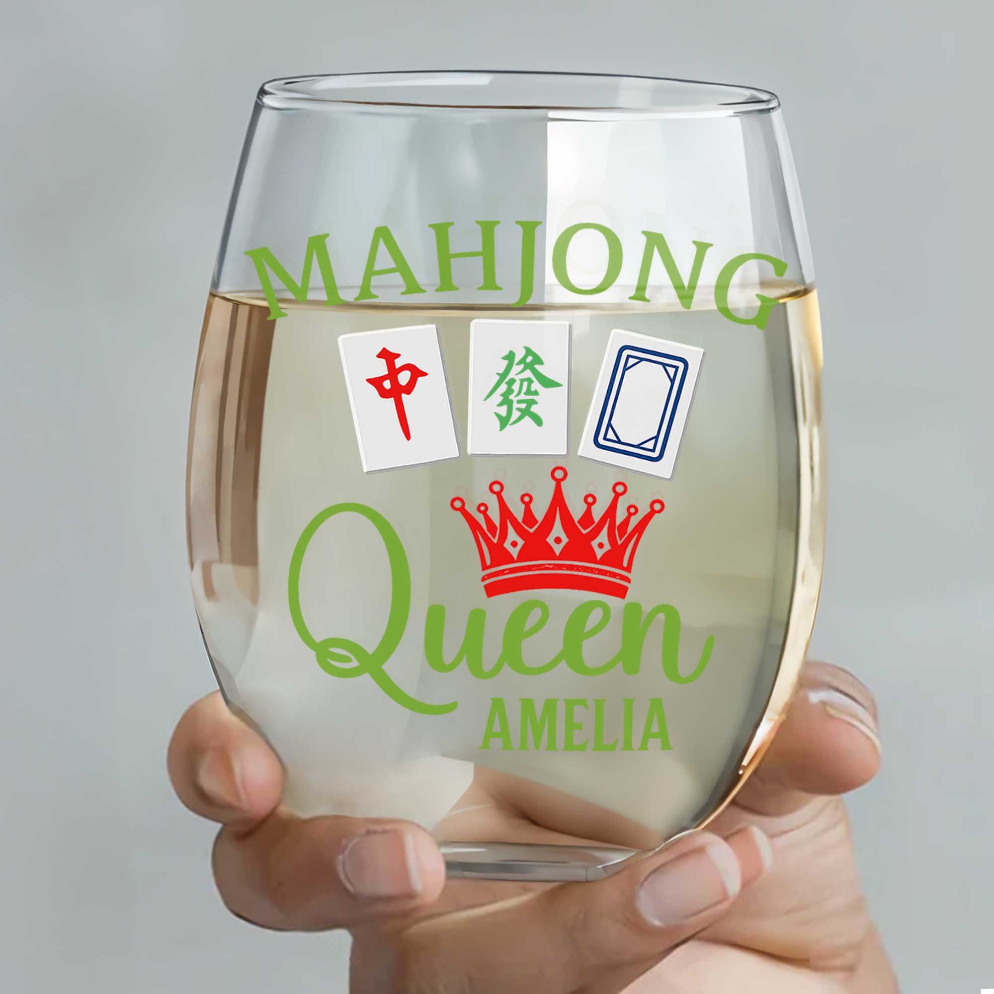 Personalized Stemless Wine Glass Custom Name Mahjong Queen Gift
