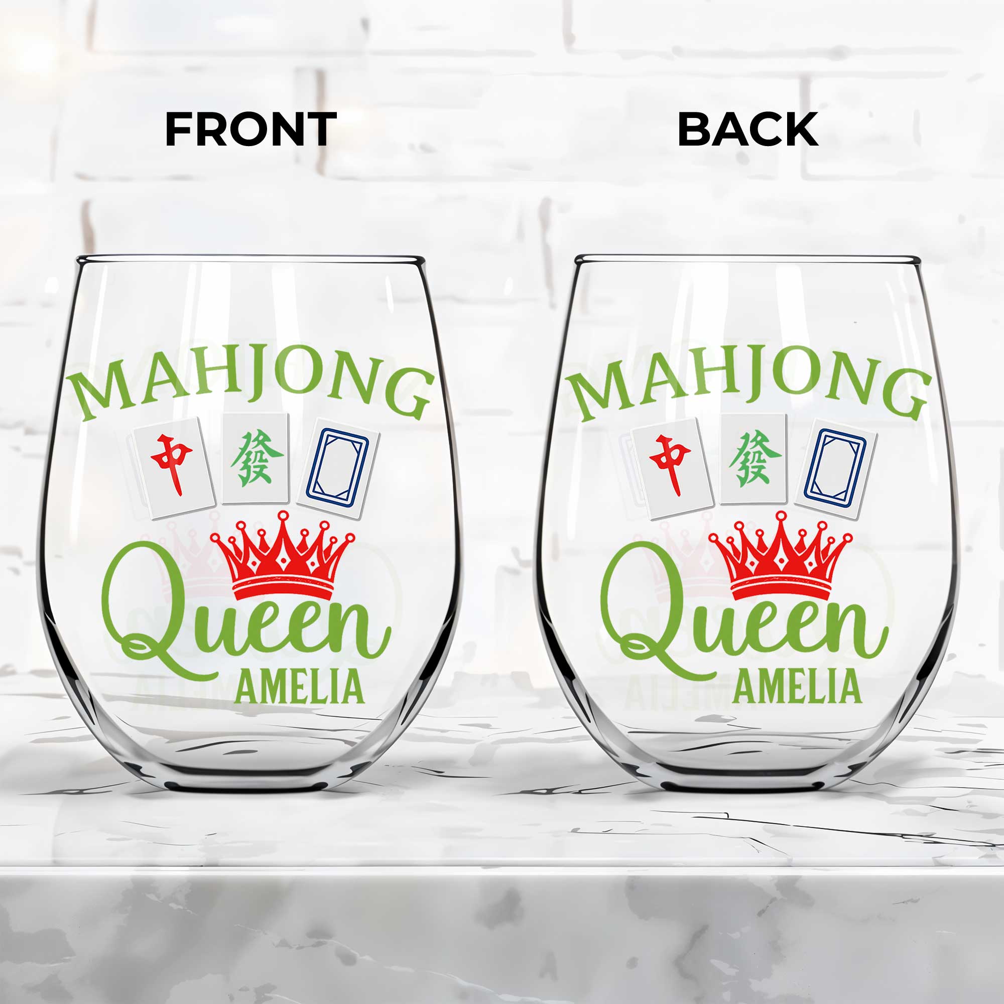 Personalized Stemless Wine Glass Custom Name Mahjong Queen Gift