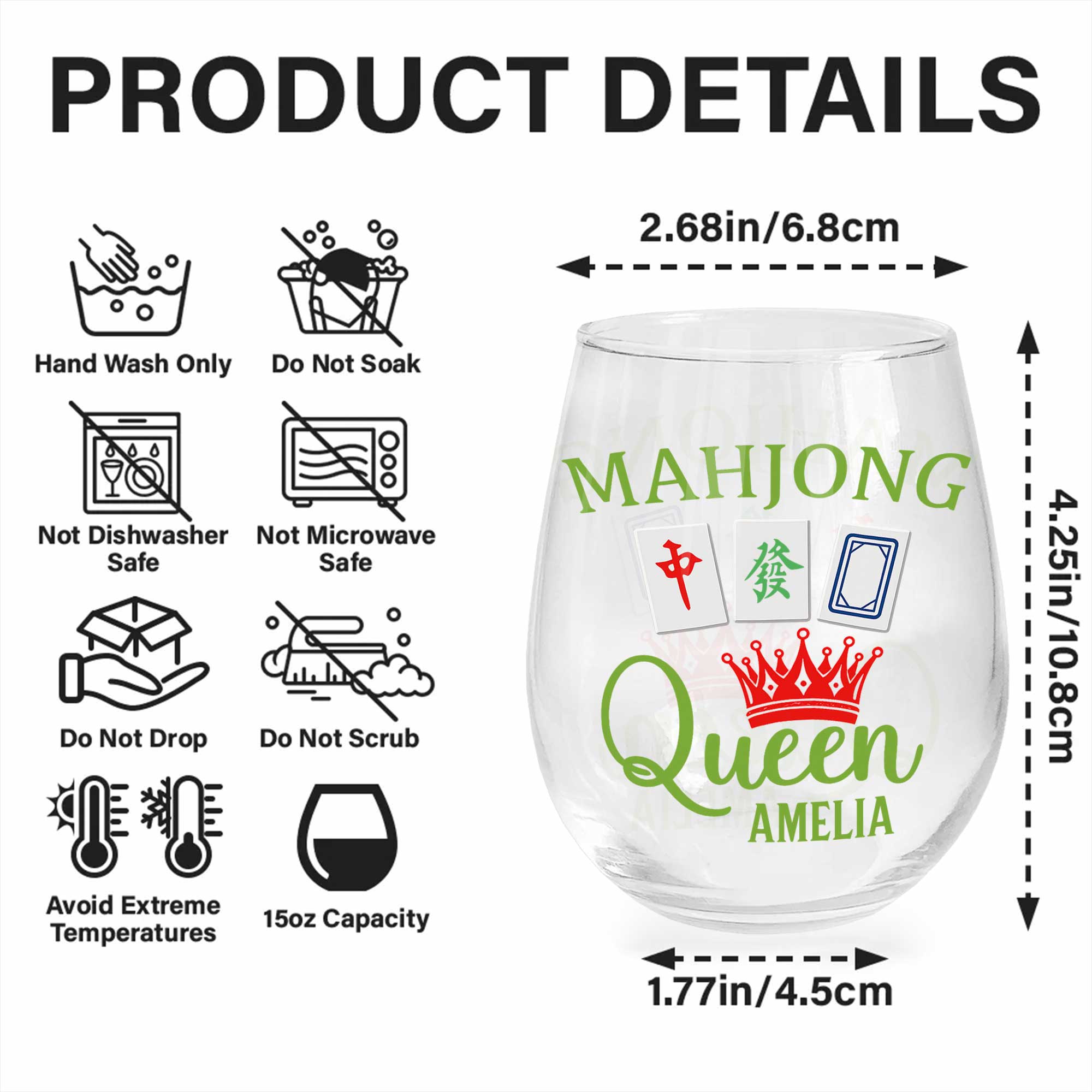 Personalized Stemless Wine Glass Custom Name Mahjong Queen Gift