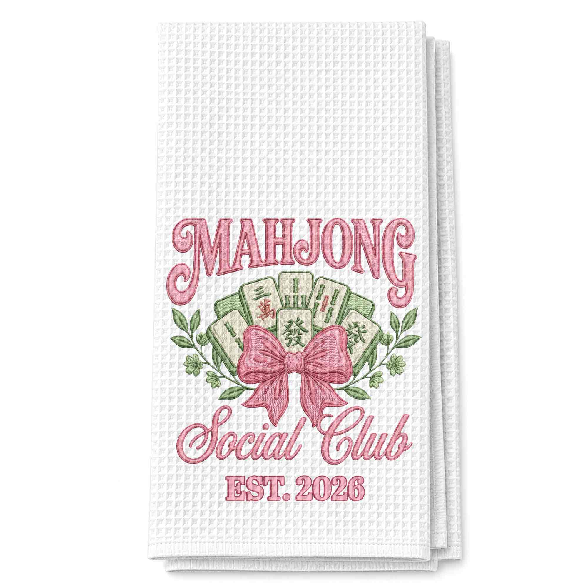 Personalized Mahjong Kitchen Towel with Pink Bow for Mom