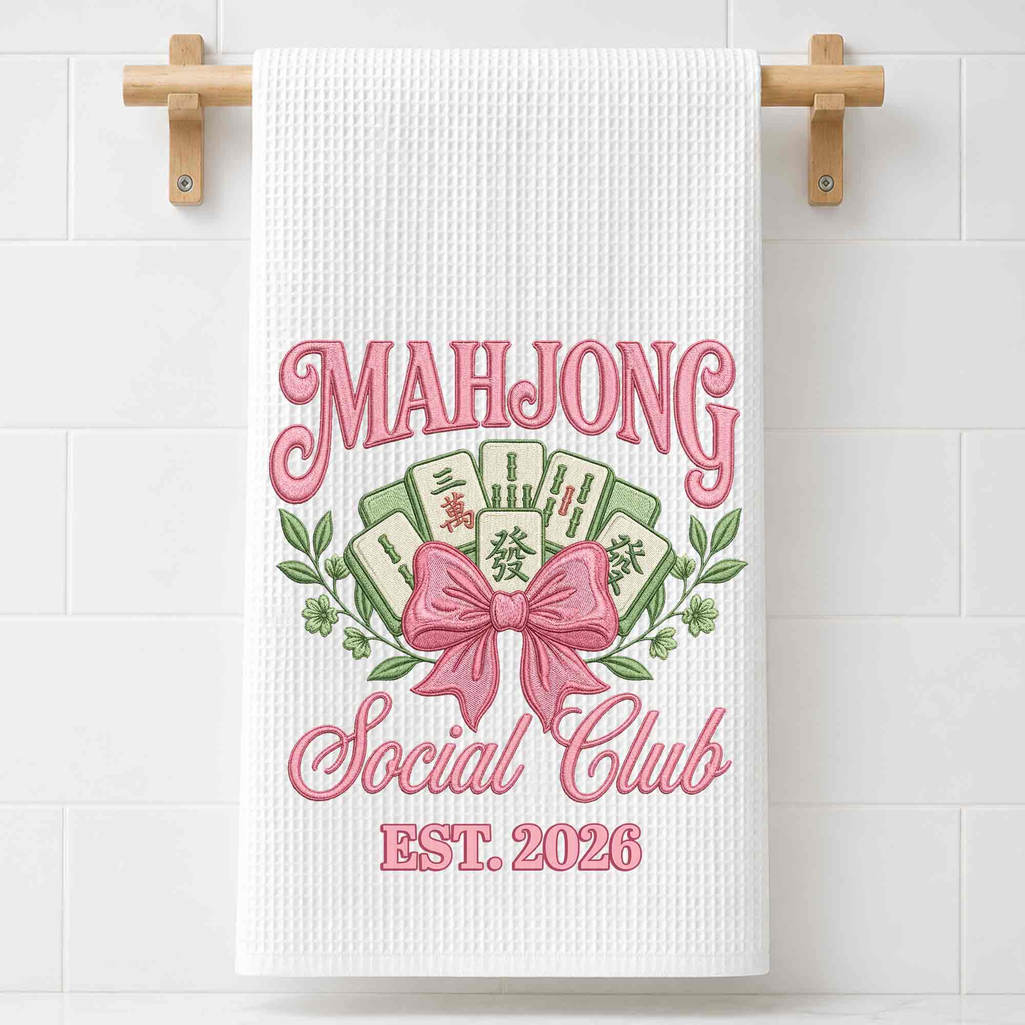 Personalized Mahjong Kitchen Towel with Pink Bow for Mom