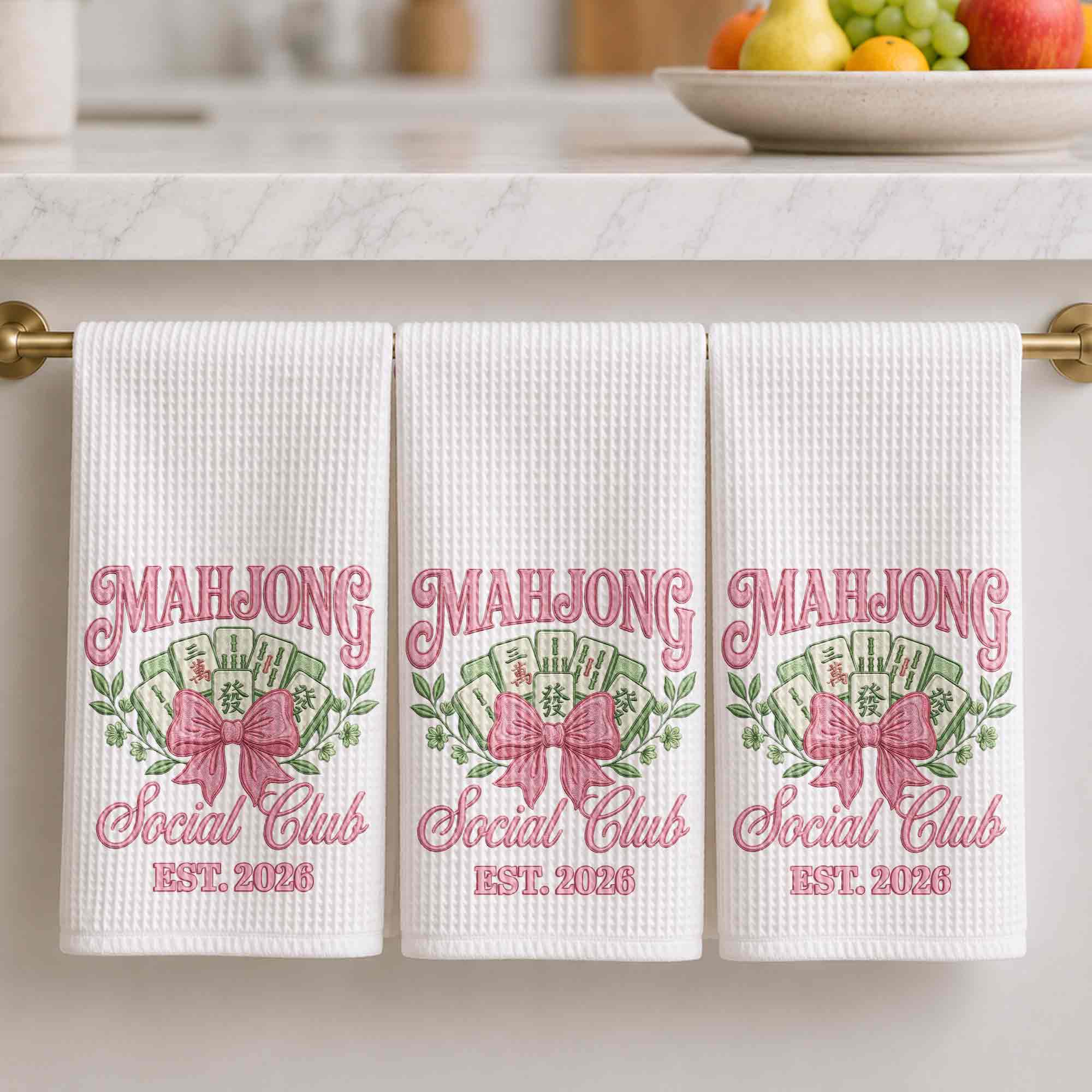 Personalized Mahjong Kitchen Towel with Pink Bow for Mom
