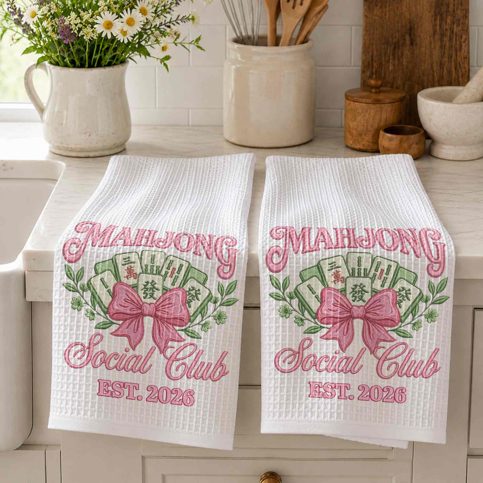 Personalized Mahjong Kitchen Towel with Pink Bow for Mom