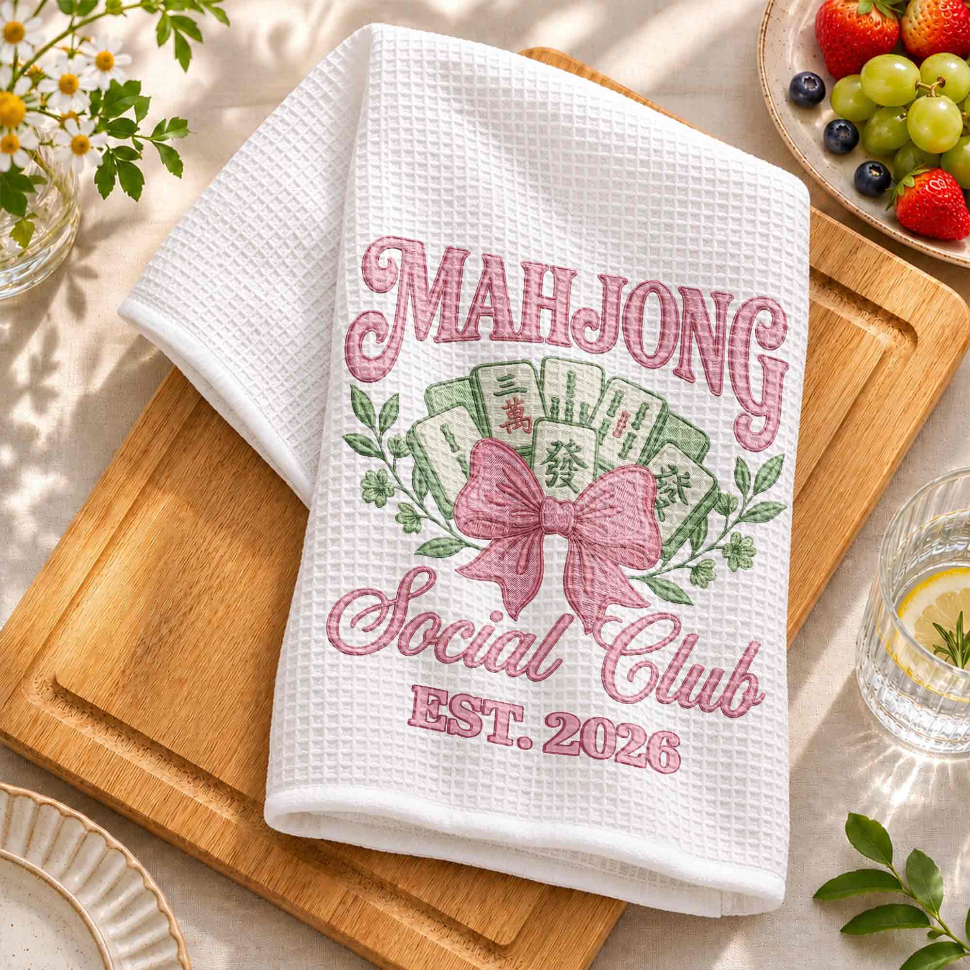 Personalized Mahjong Kitchen Towel with Pink Bow for Mom
